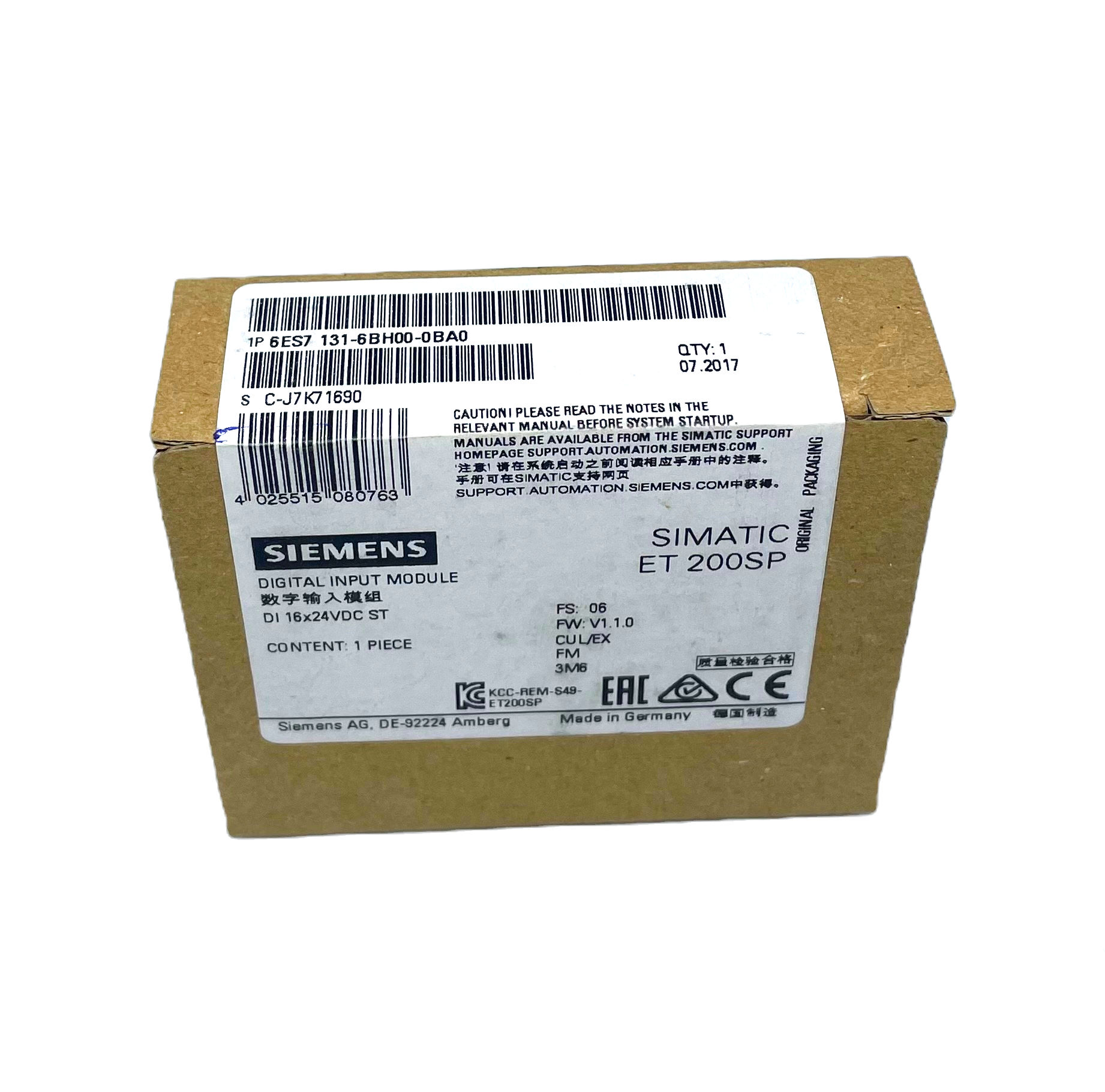Siemens Simatic 6ES7131-6BH00-0BA0 sealed package top label and seal visible