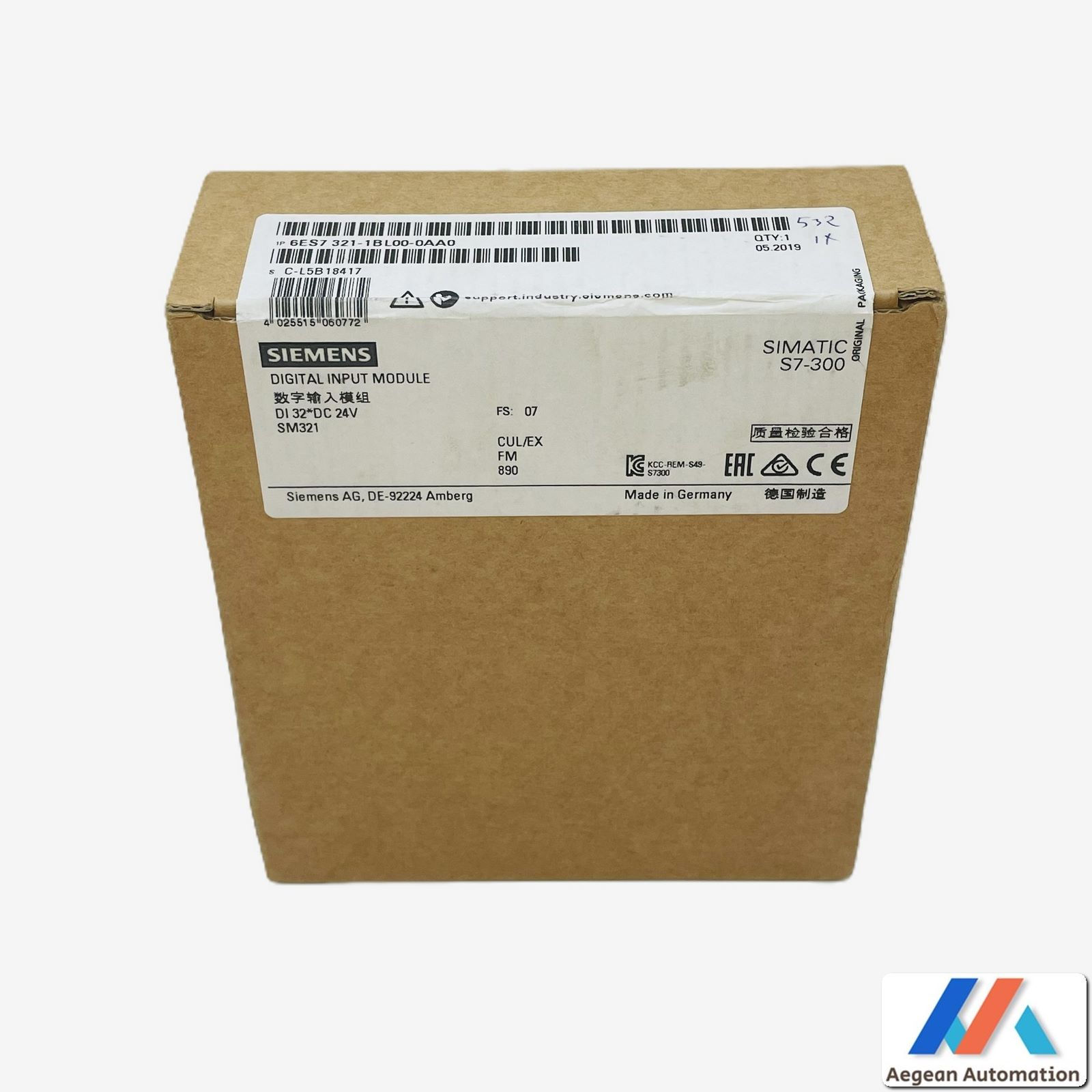 Siemens 6ES7321-1BL00-0AA0 sealed package top label and seal visible