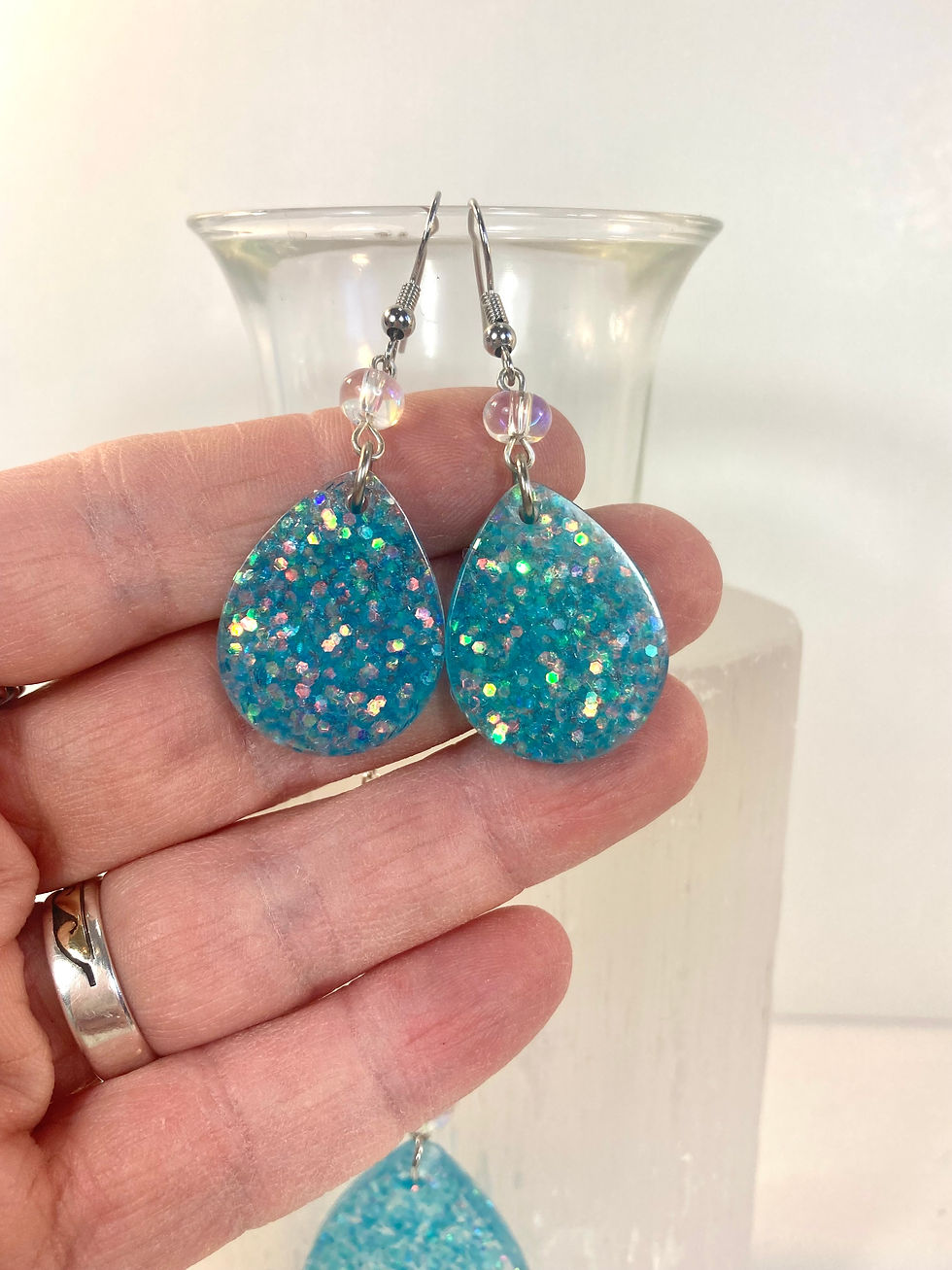 Thumbnail: Handmade Blue Glitter Resin Pendant Necklace & Earrings Set