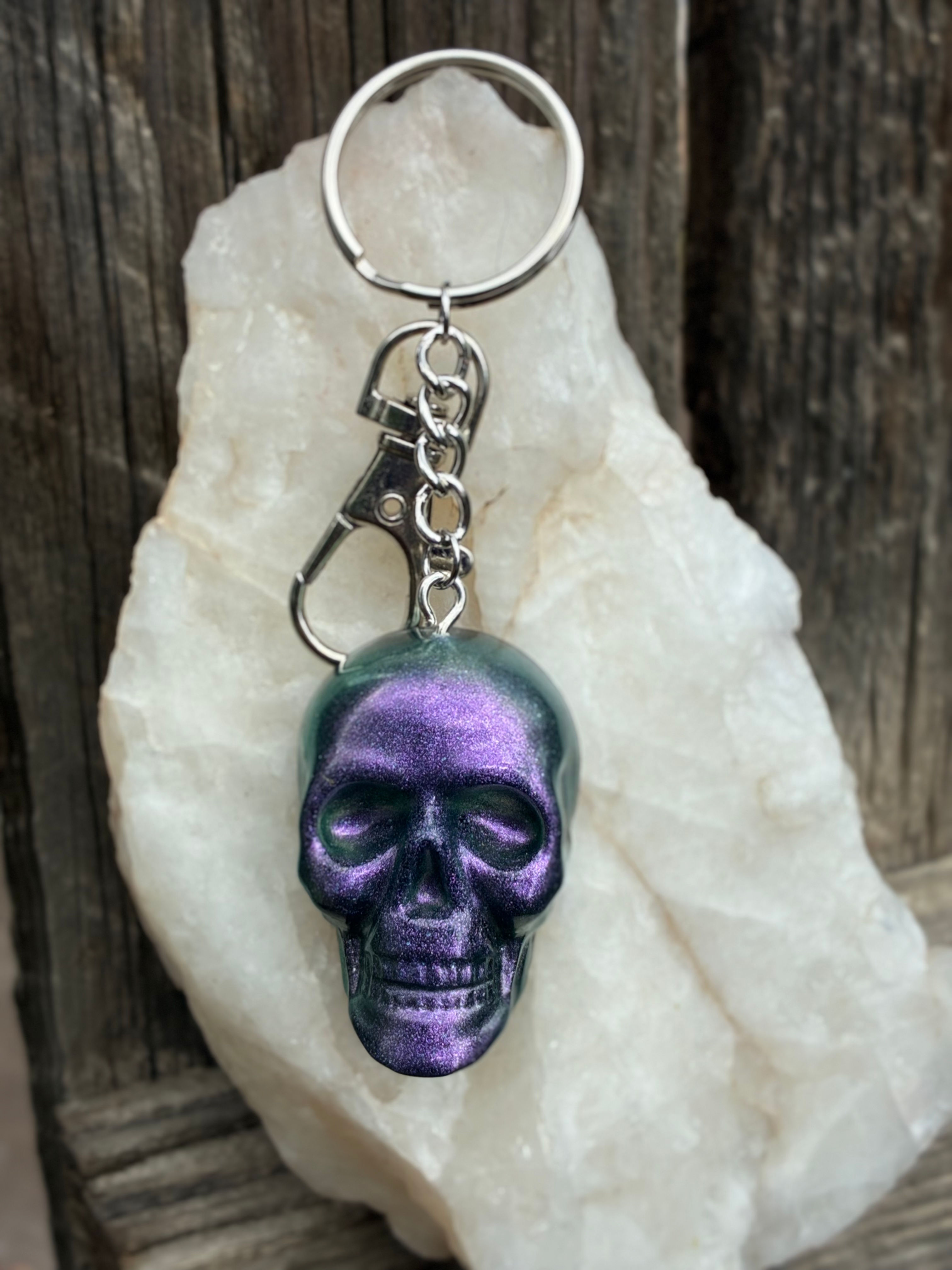 Handmade Purple Green Color Shift Skull Keychain | Gothic Halloween Resin Keycha