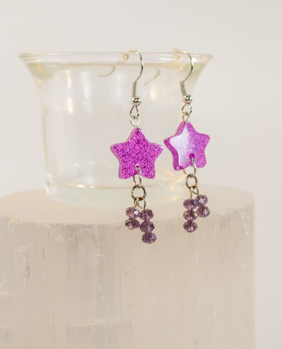 Thumbnail: Handmade Purple Glitter Resin Star & Glass Bead Earrings