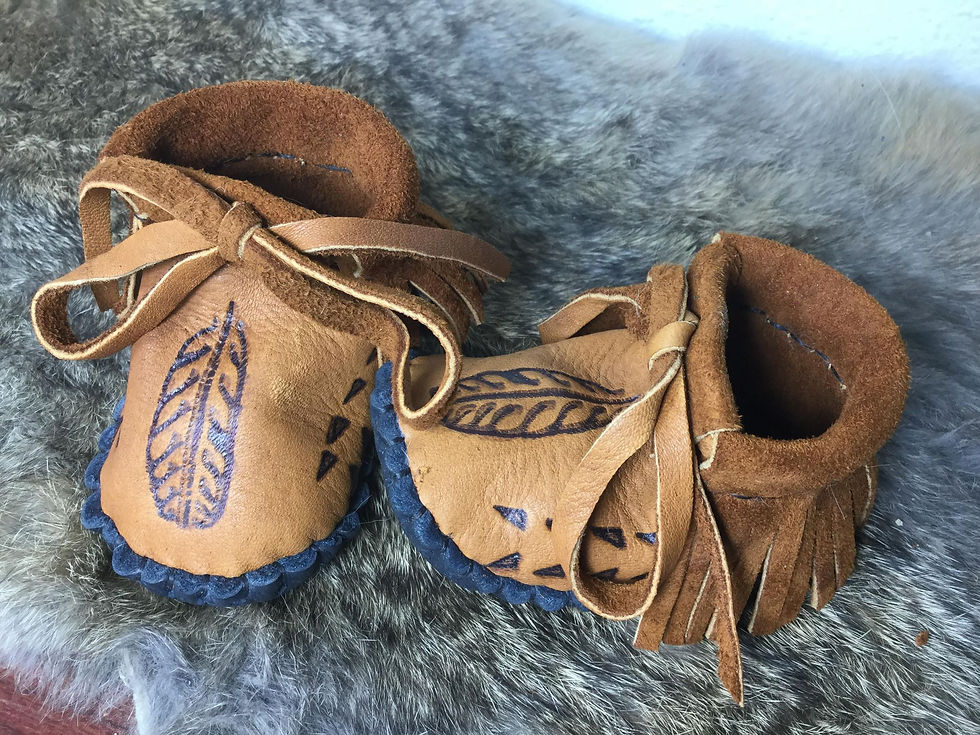Custom Made to Order Hand Sewn Baby Moccasins with Feather Design on Toe