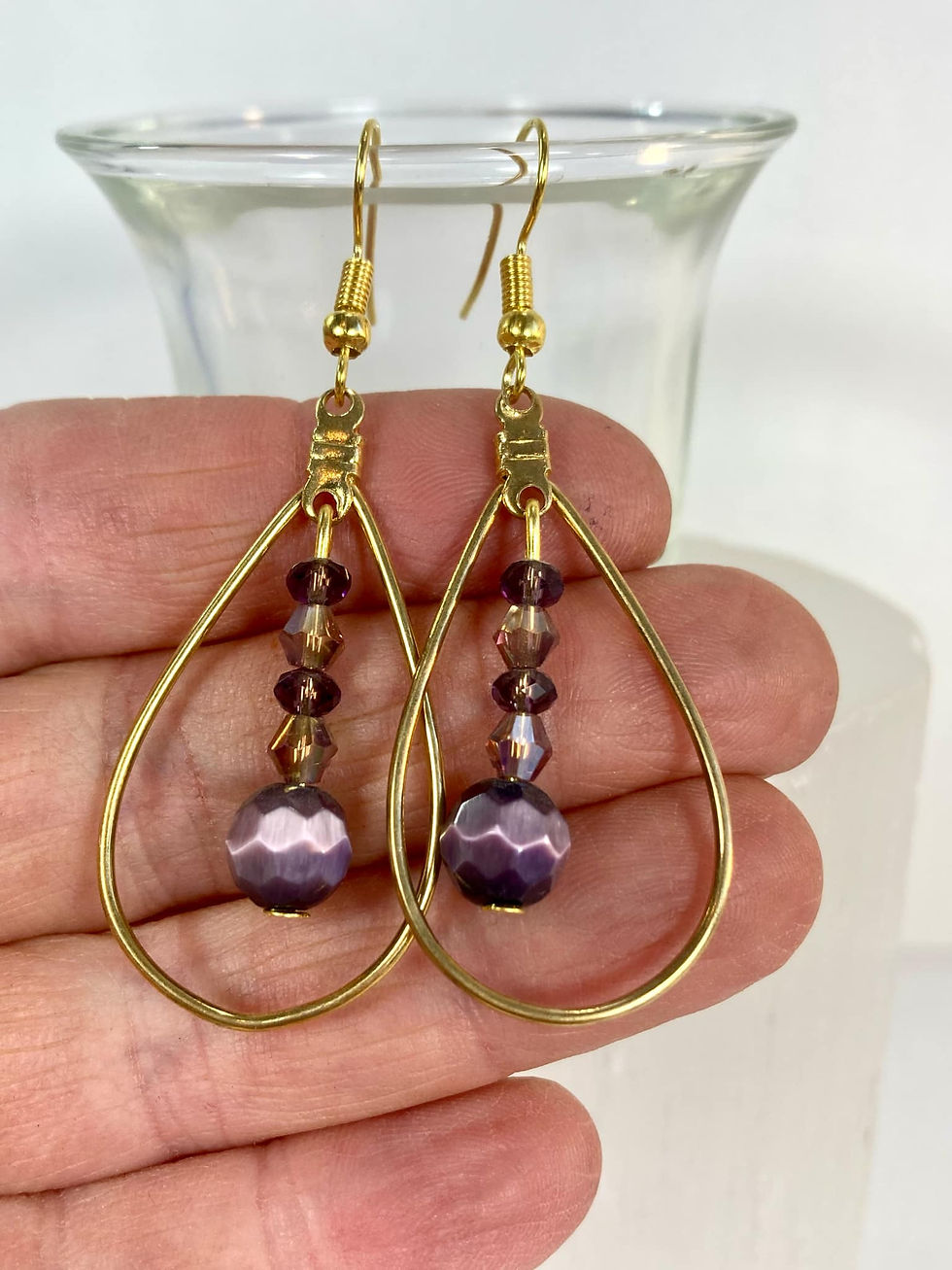 Thumbnail: Handmade Gold-Toned Teardrop Earrings with Purple Cat’s Eye & Glass Beads