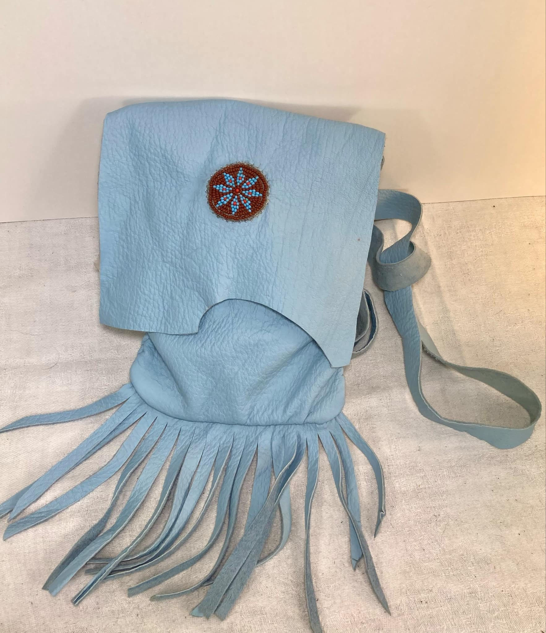 Handcrafted Light Blue Fringe Crossbody Bag with Vintage Beadwork