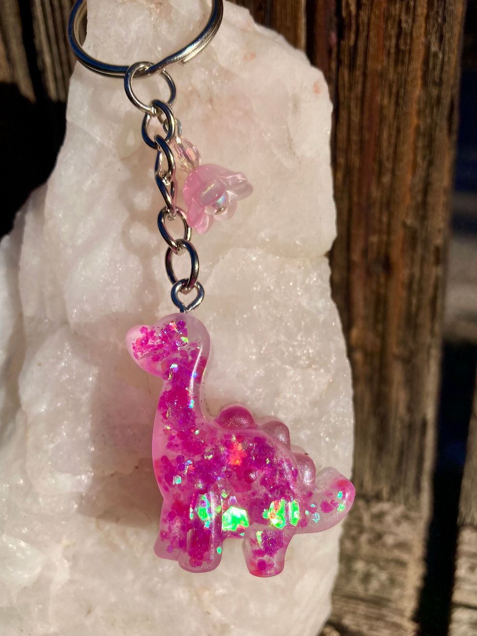Thumbnail: Pink Glitter Dinosaur Keychain with Flower – Handmade Resin Charm