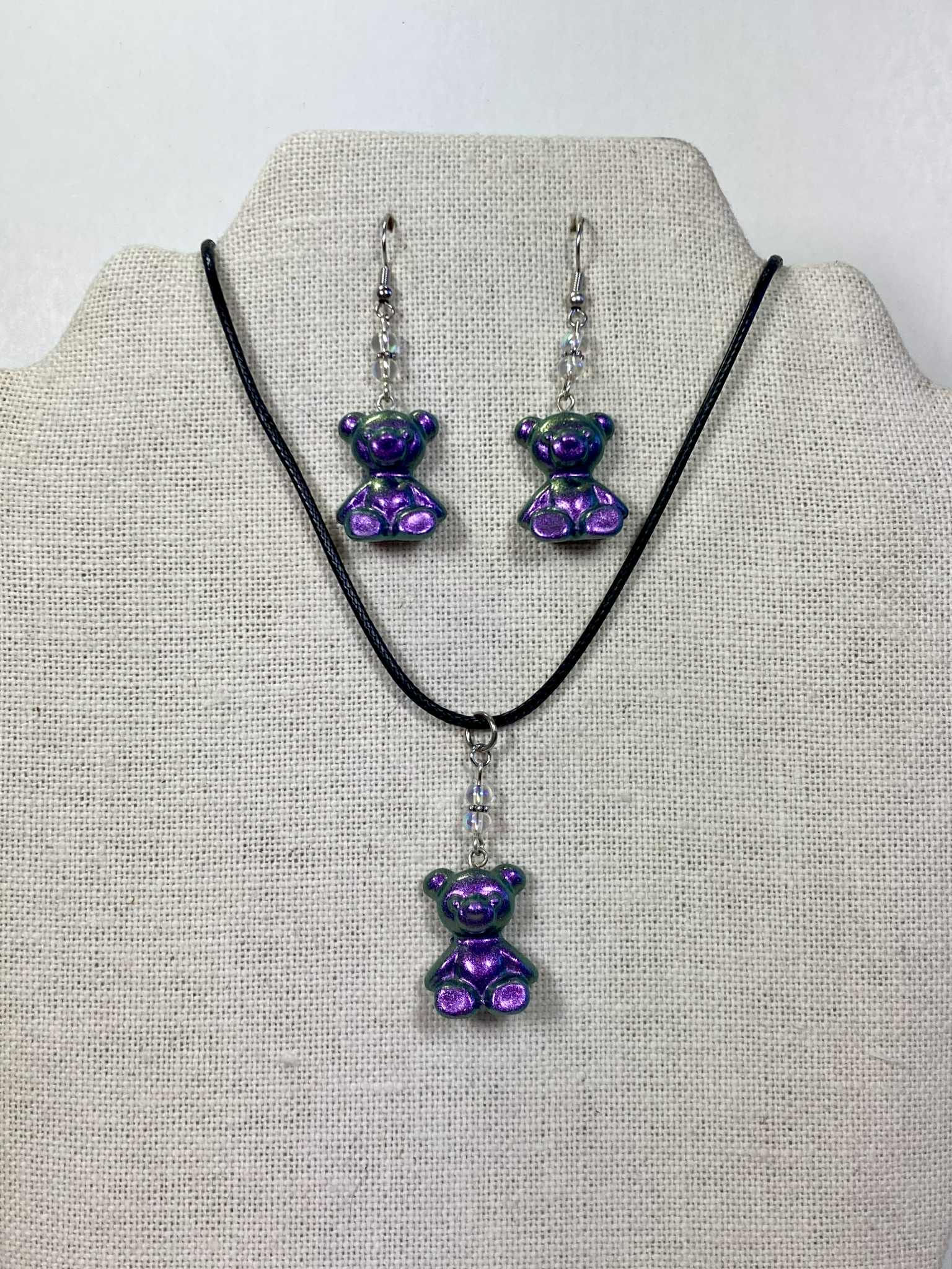 Purple Color Shifting Shimmer Resin Bear Jewelry Set