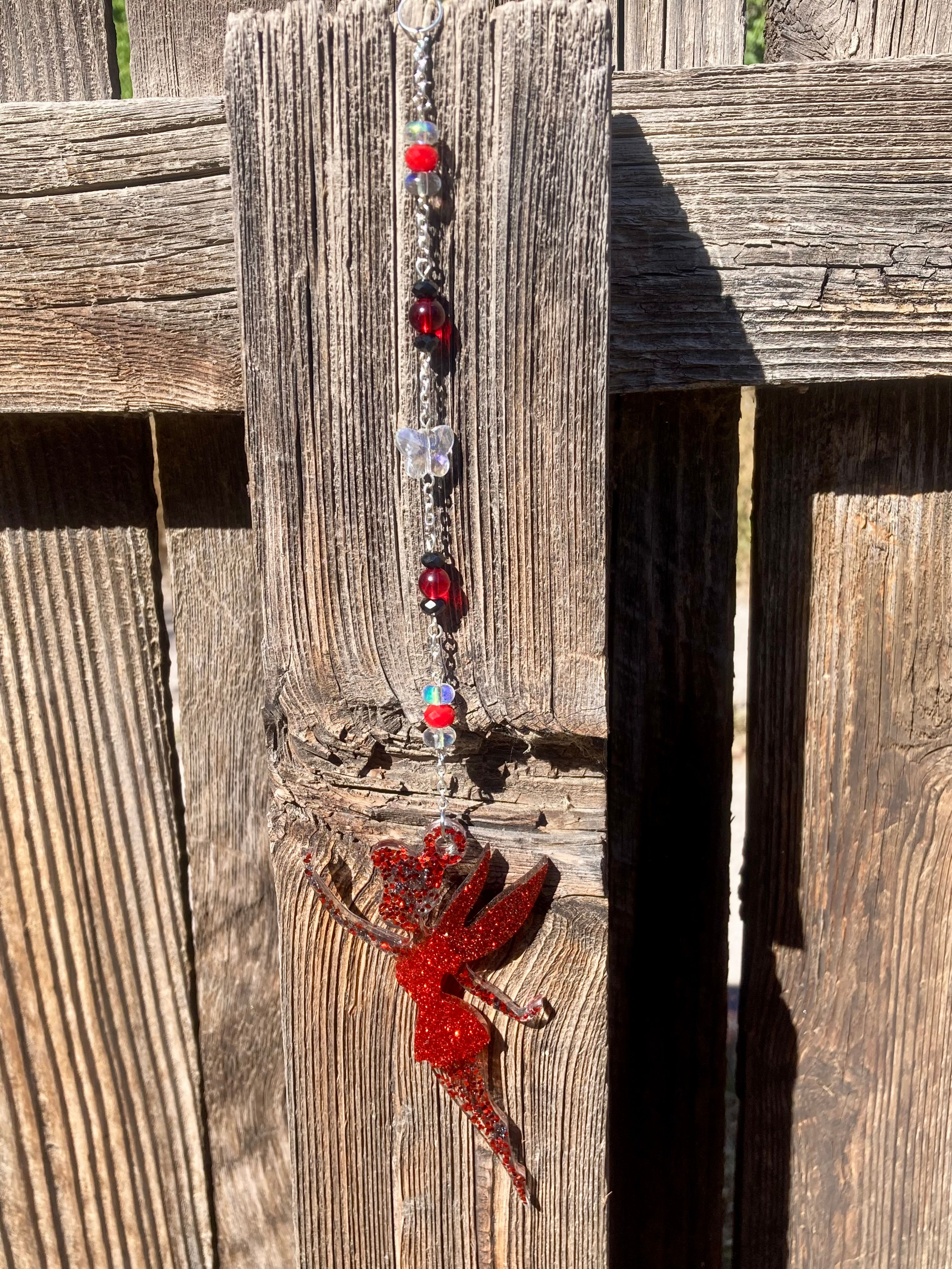 Red Fairy Sun Catcher – Glass Beads & Butterfly Accent