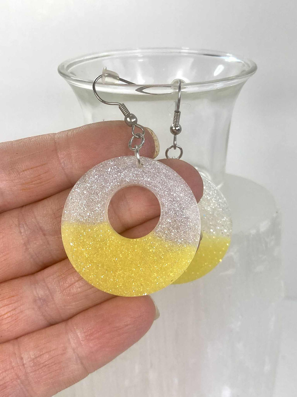 Thumbnail: White & Yellow Glitter Resin Hoop Earrings