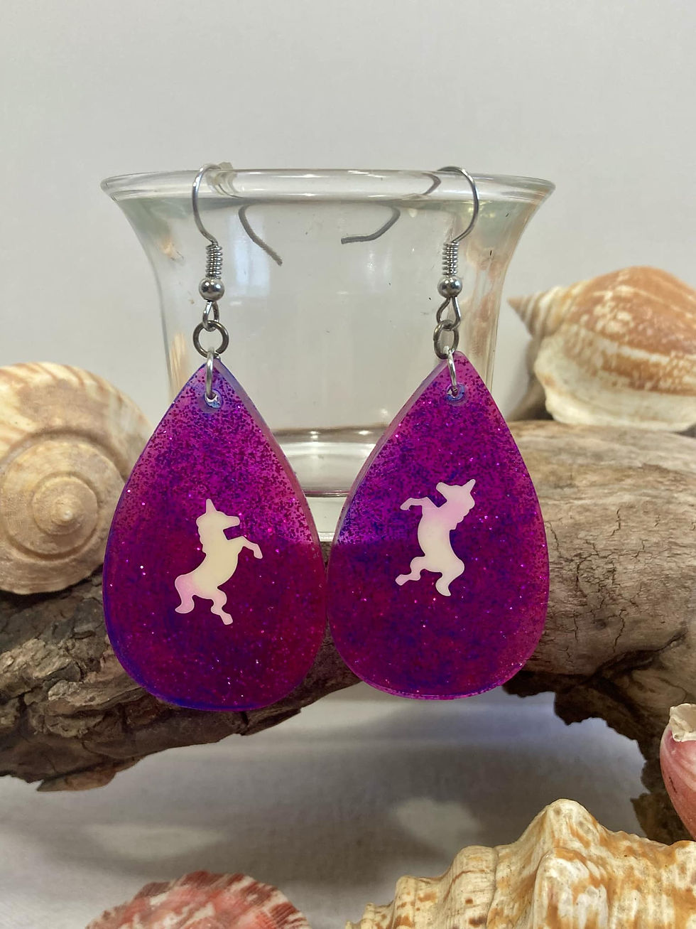 Thumbnail: Handmade Purple Glitter Resin Unicorn Teardrop Earrings