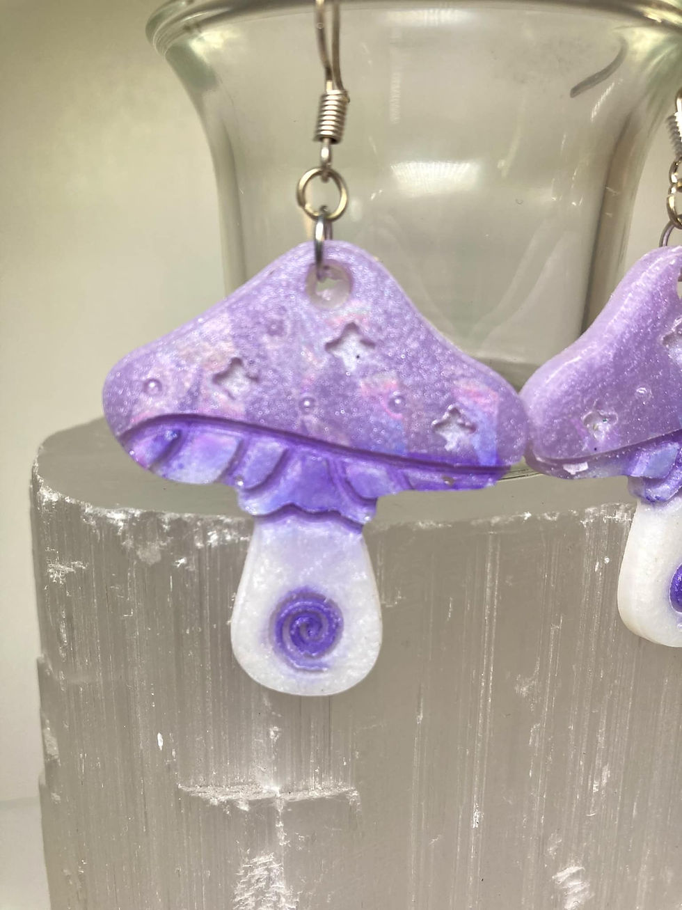 Thumbnail: Handmade Holographic Purple & White Resin Mushroom Earrings