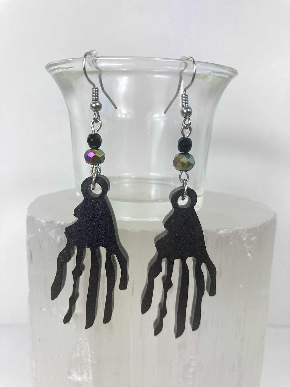 Creepy Holographic Hand Earrings – Black Resin with Iridescent Beads