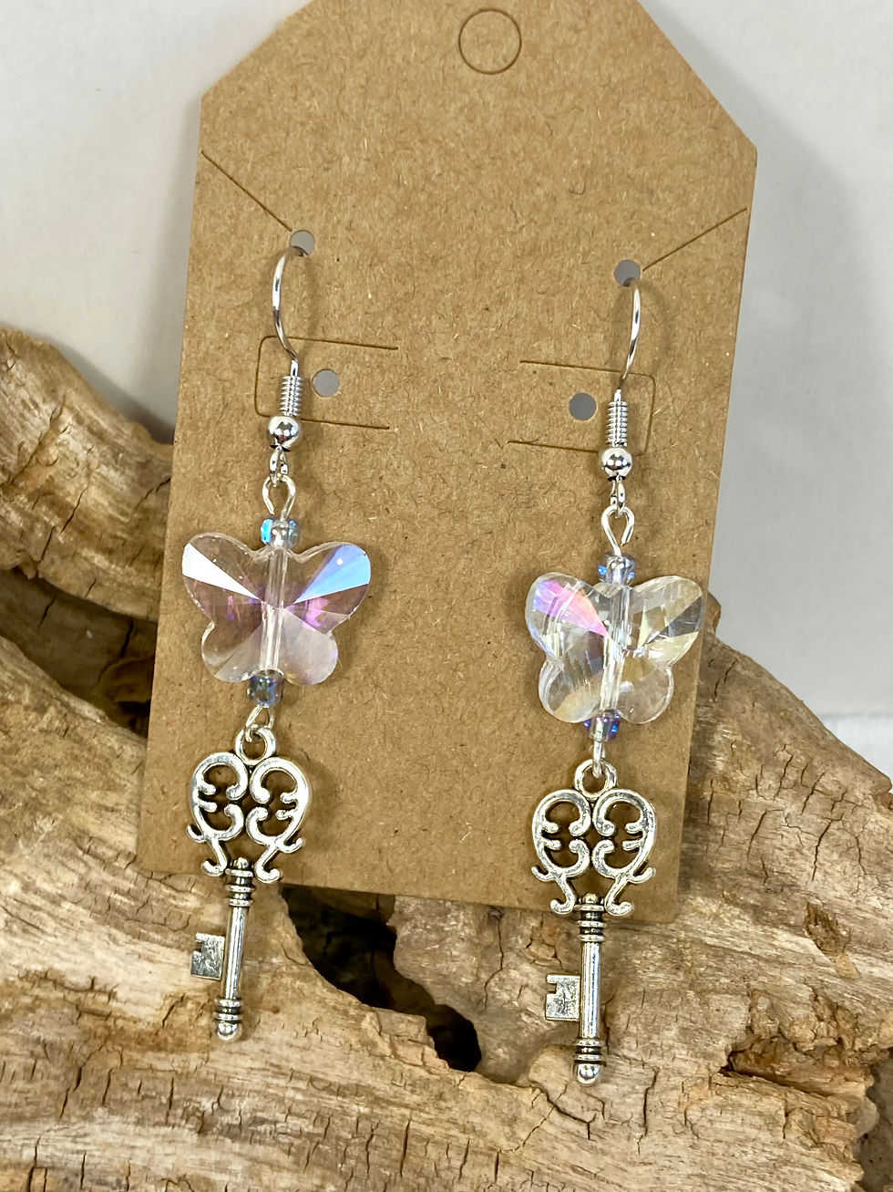 Thumbnail: Silver Key Earrings with Sparkling Glass Butterfly Beads