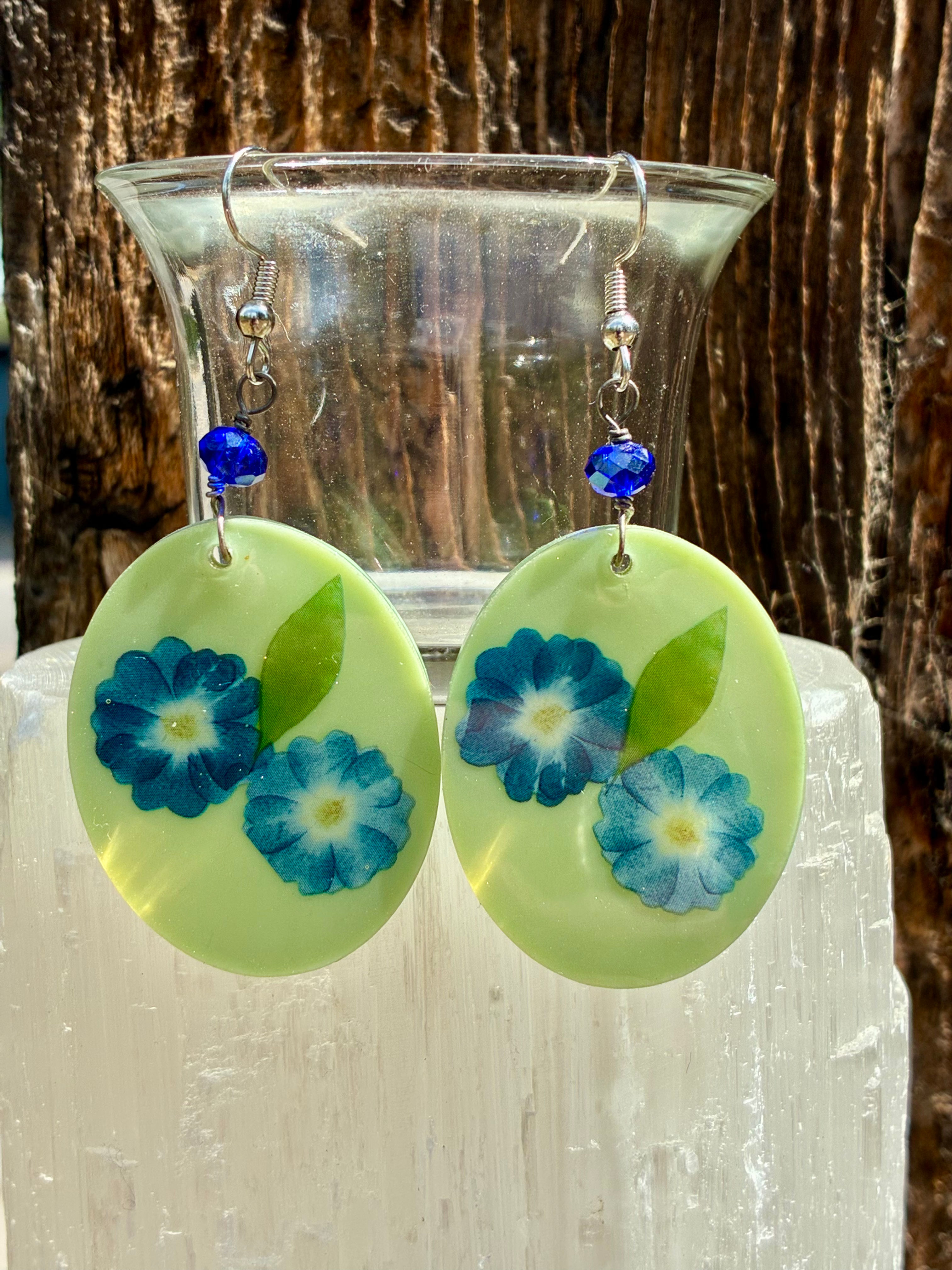 Blue Floral Resin Earrings | Lightweight Oval Dangle Earrings | Botanical Statem
