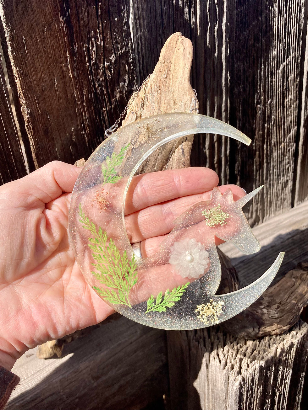 Thumbnail: Crescent Moon Unicorn Sun Catcher with Dried Flowers