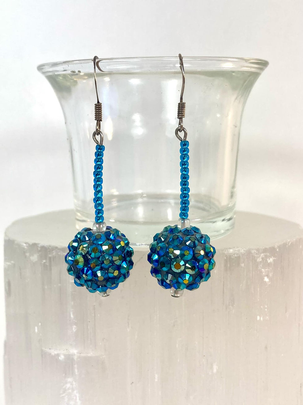 Thumbnail: Handmade Blue Sparkle Bead Dangle Earrings