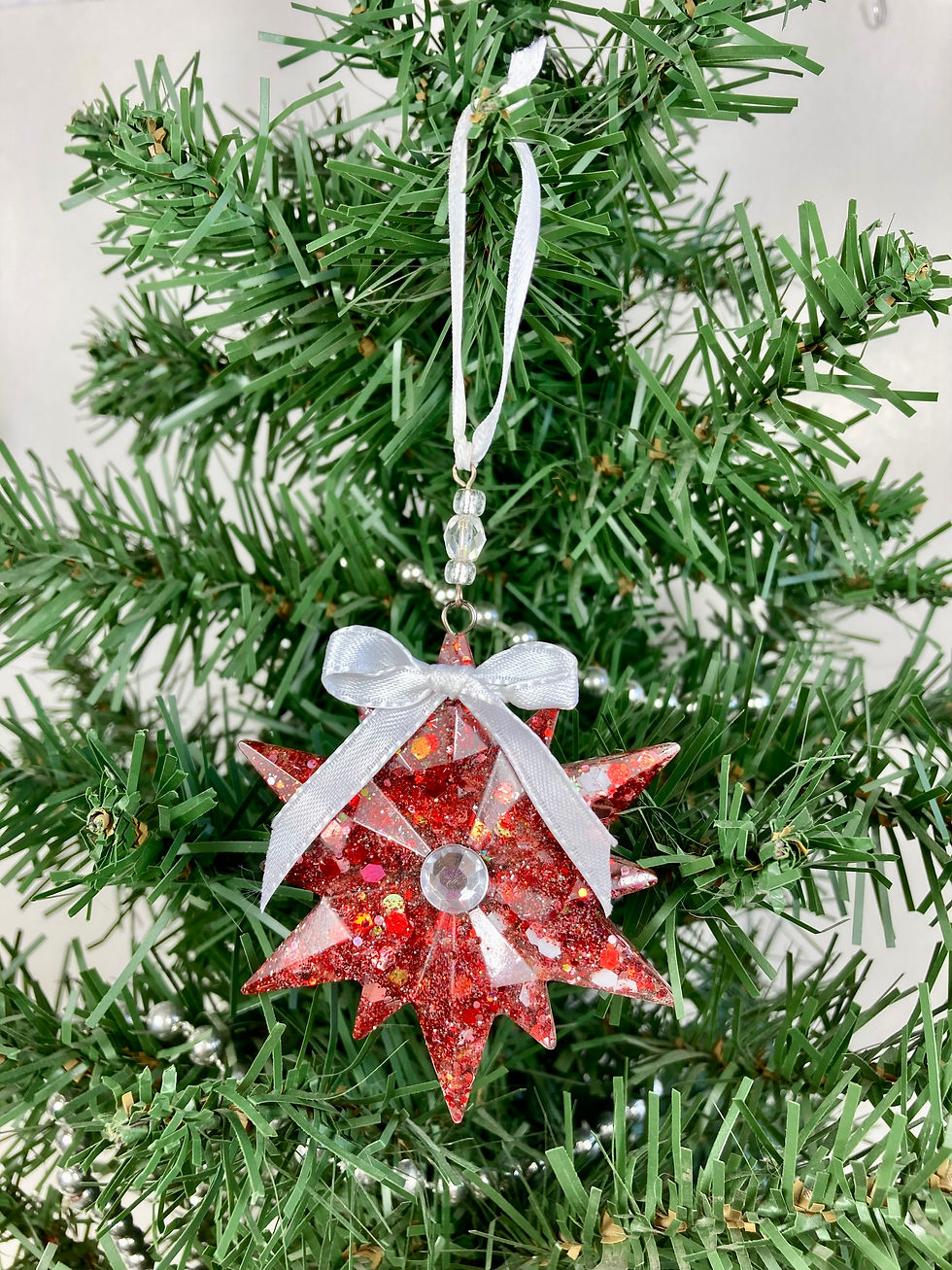 Red & White Starburst Resin Glitter Ornament with Beads and Ribbon