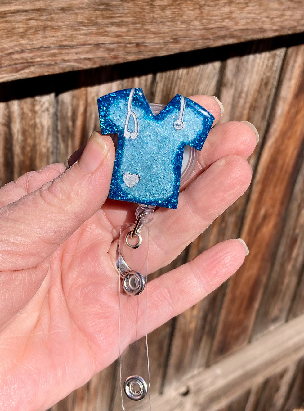 Thumbnail: Blue Glitter Scrub Top Badge Reel – Medical ID Retractable Reel