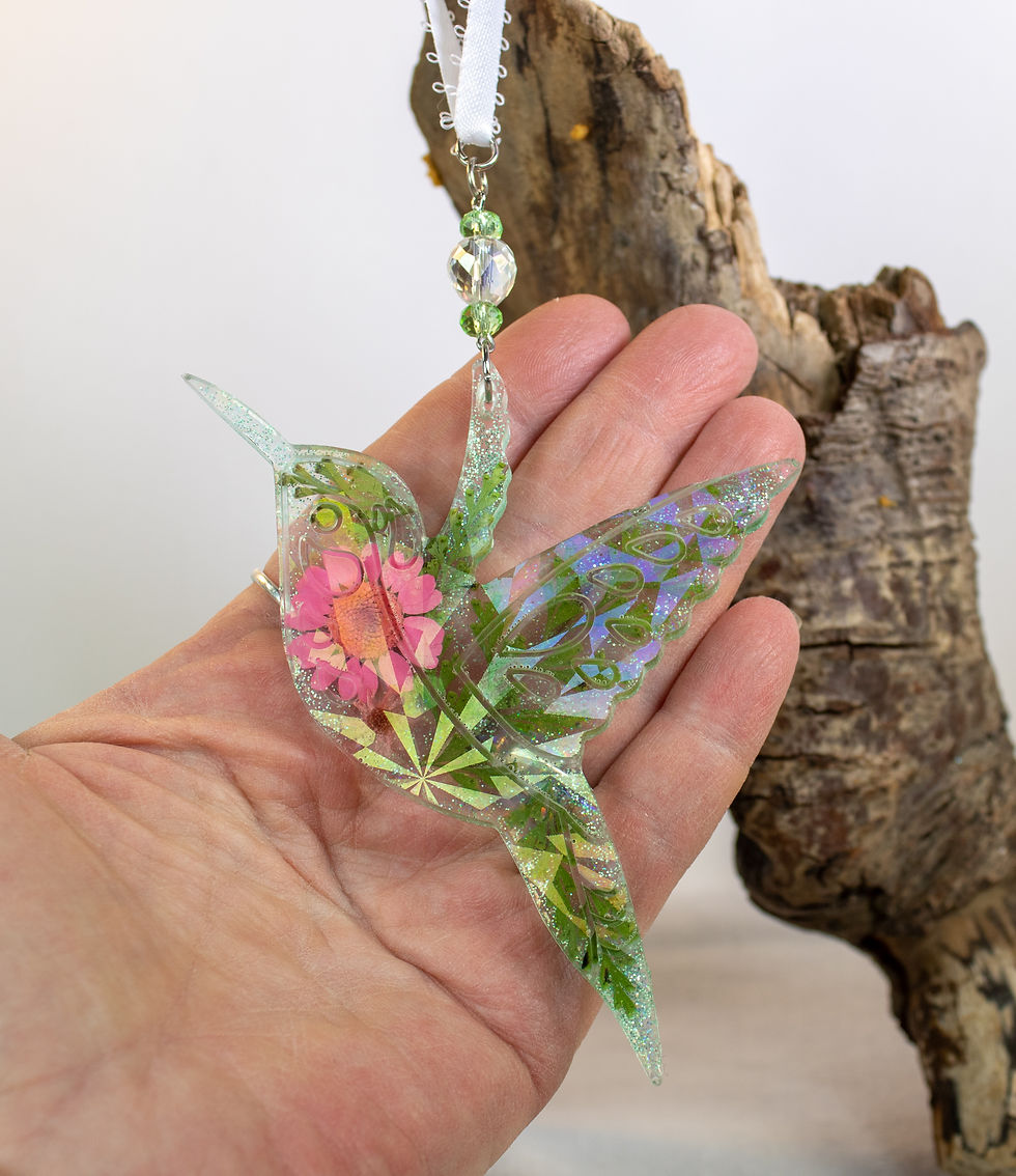 Thumbnail: Handmade Holographic Resin Hummingbird Suncatcher with Dried Floral Inclusions