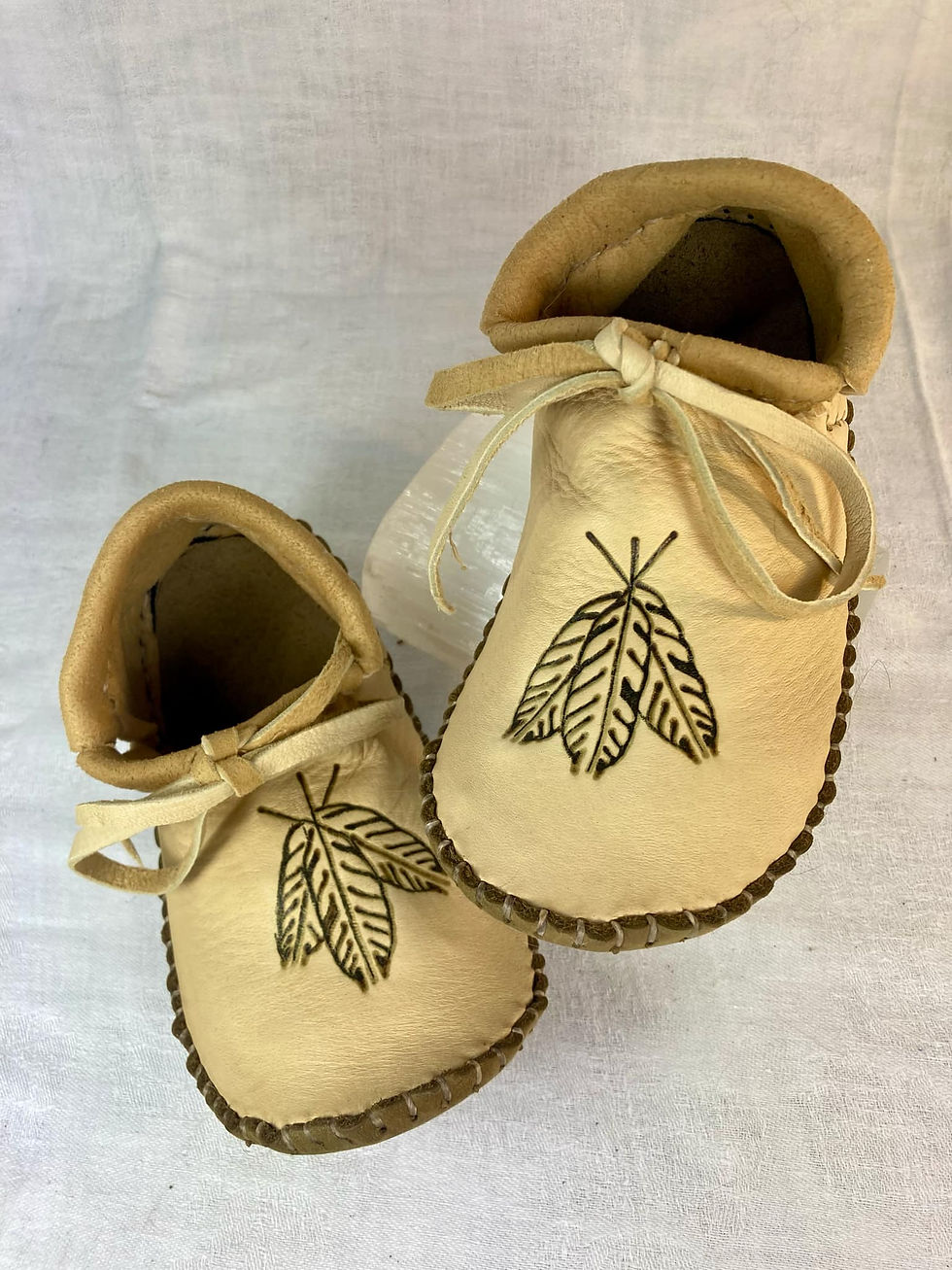Thumbnail: Hand Sewn Kid's Size Moccasins with Feather Design, Custom Made to Order