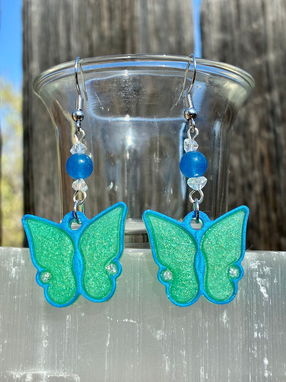 Thumbnail: Handmade Resin Butterfly Earrings – Blue & Green Butterflies