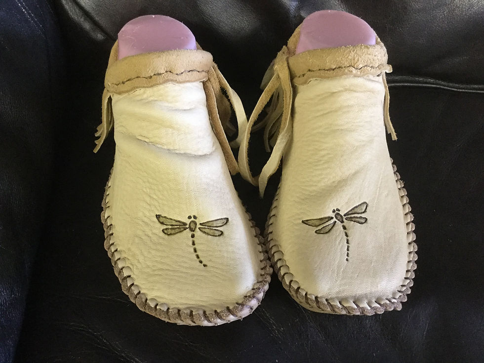 Custom Hand Sewn to Order Short Fringe Moccasins with Dragonfly Design