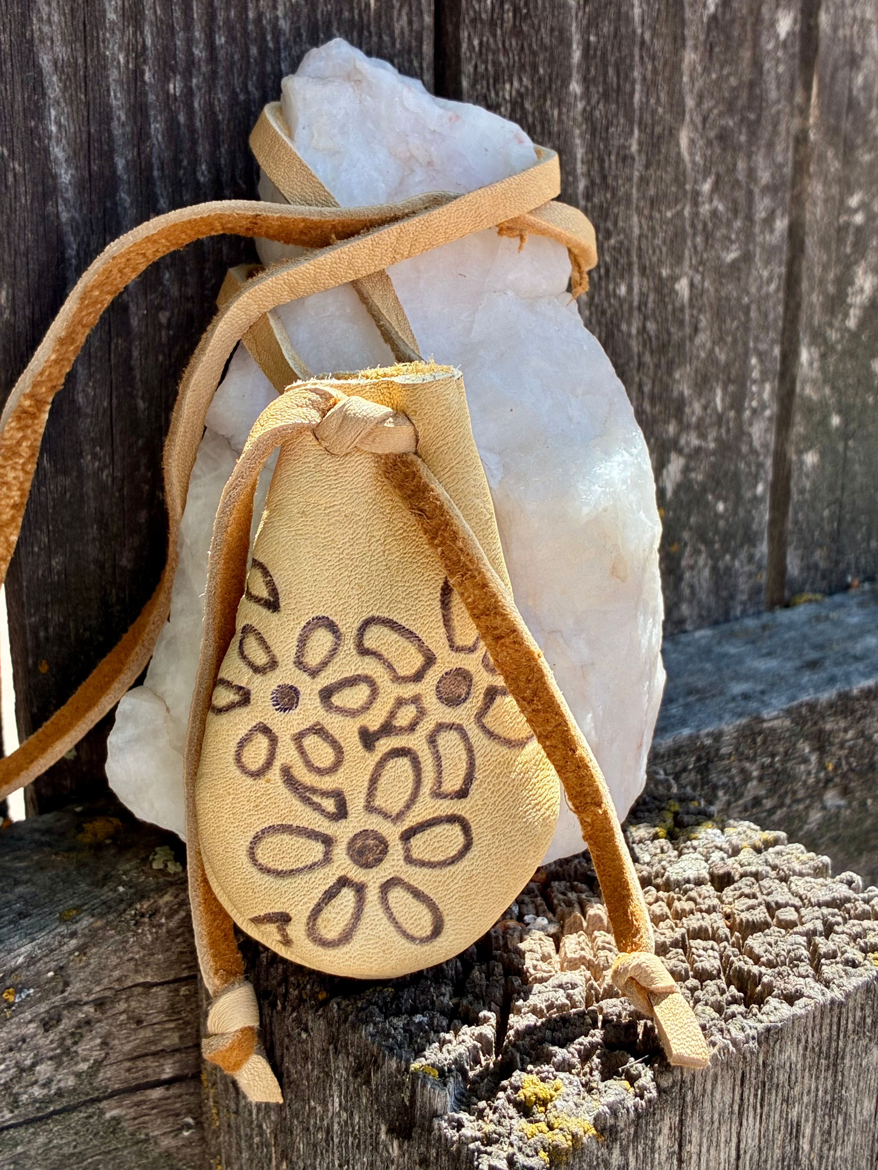 Hand Sewn Leather Neck Pouch with Hand Burned Flowers & Bee