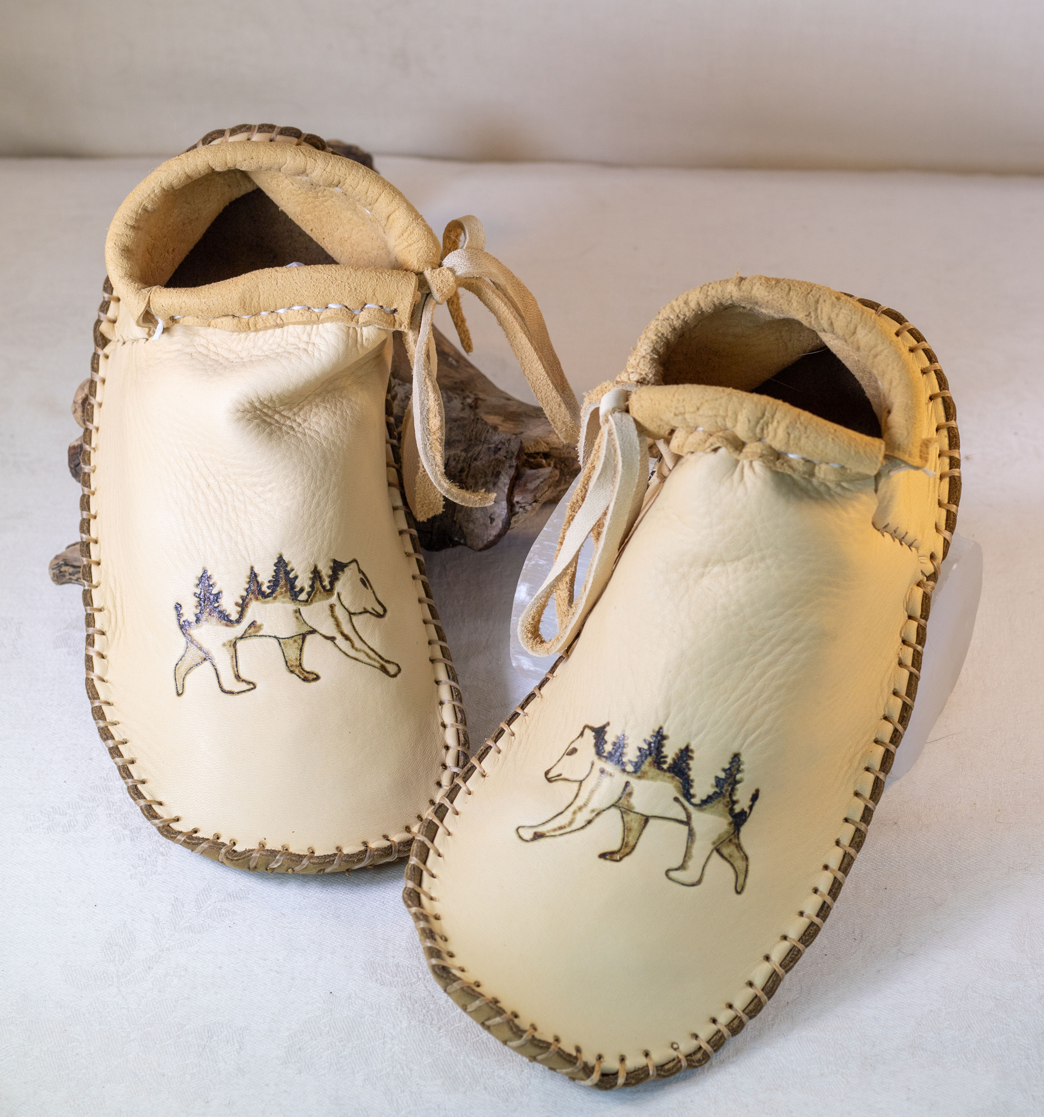 Custom Hand Sewn to Order Short Moccasins with Walking Bear Design