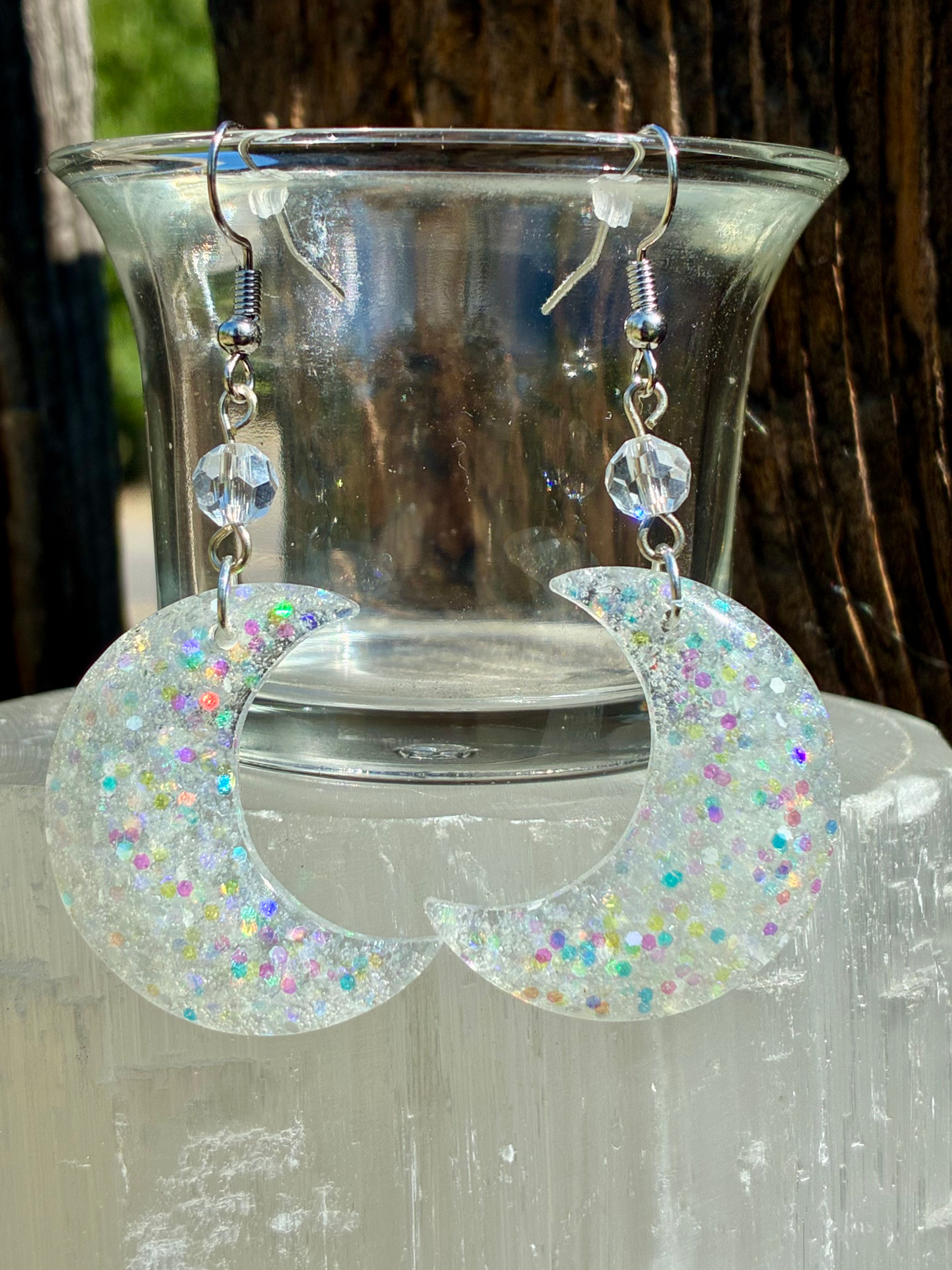 Handmade White Glitter Crescent Moon Earrings | Celestial Resin Dangle Earrings