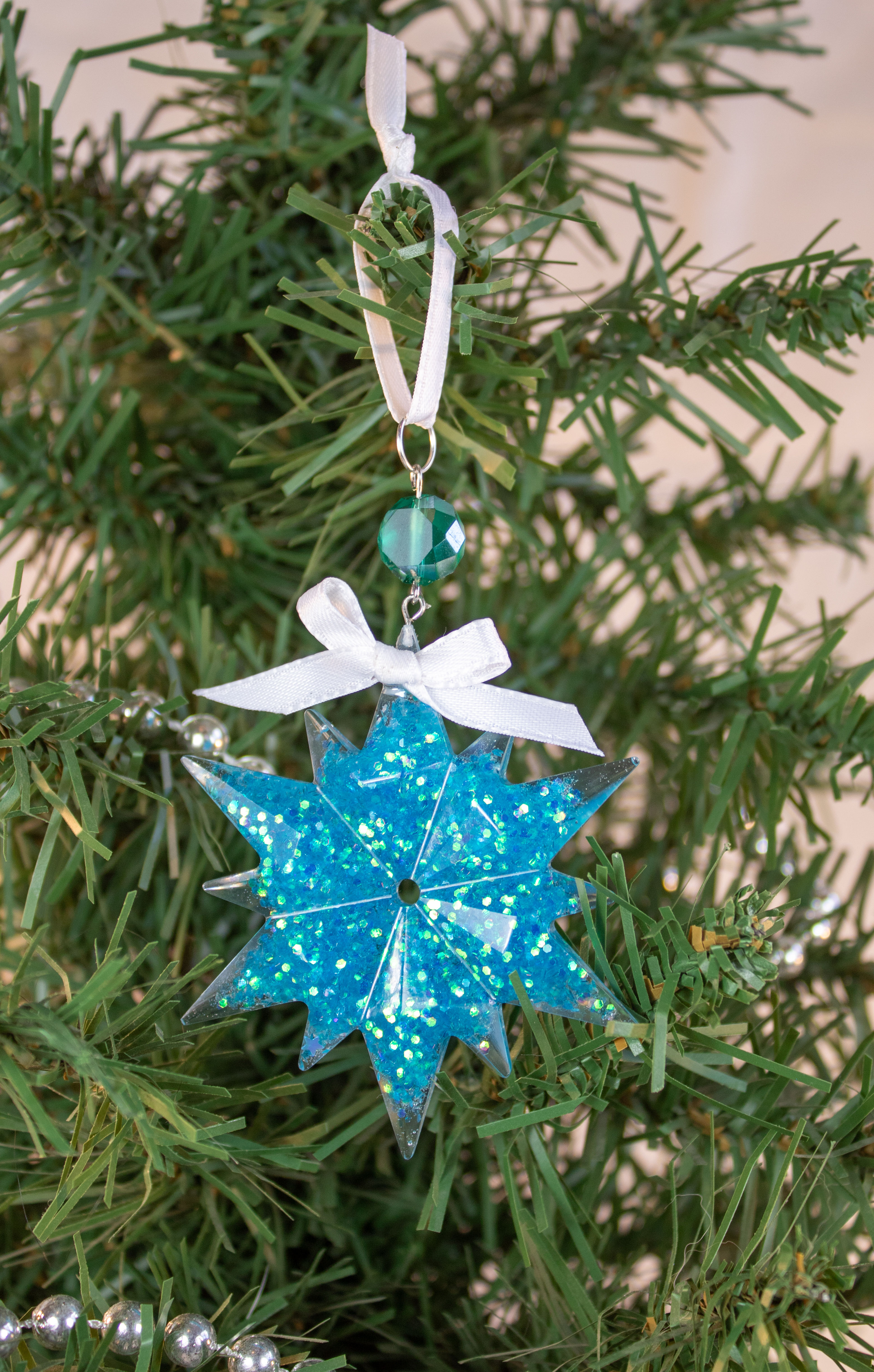 Handmade Turquoise/Blue Glitter Resin Holiday Ornament