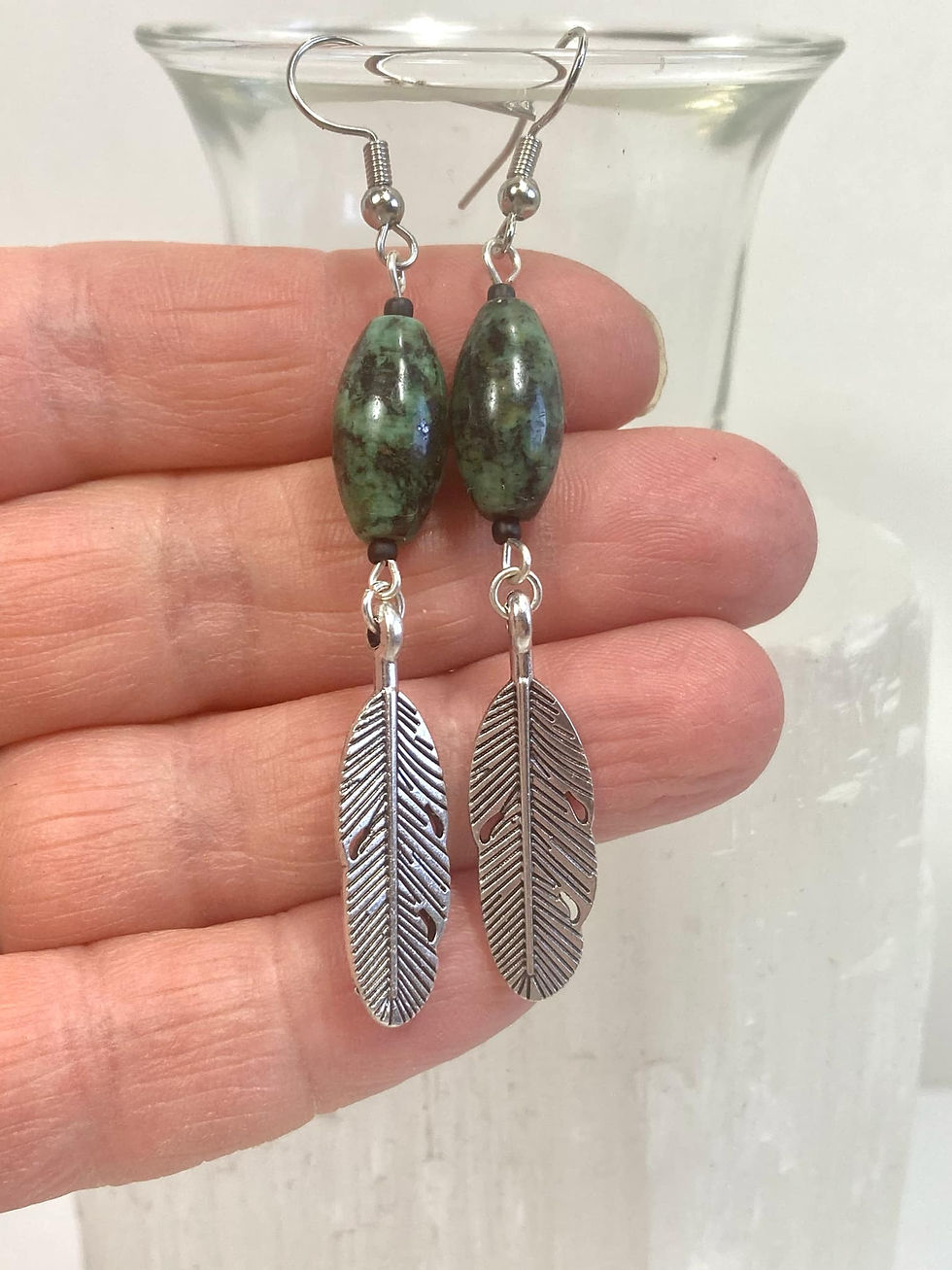 Thumbnail: African Turquoise & Silver Feather Dangle Earrings