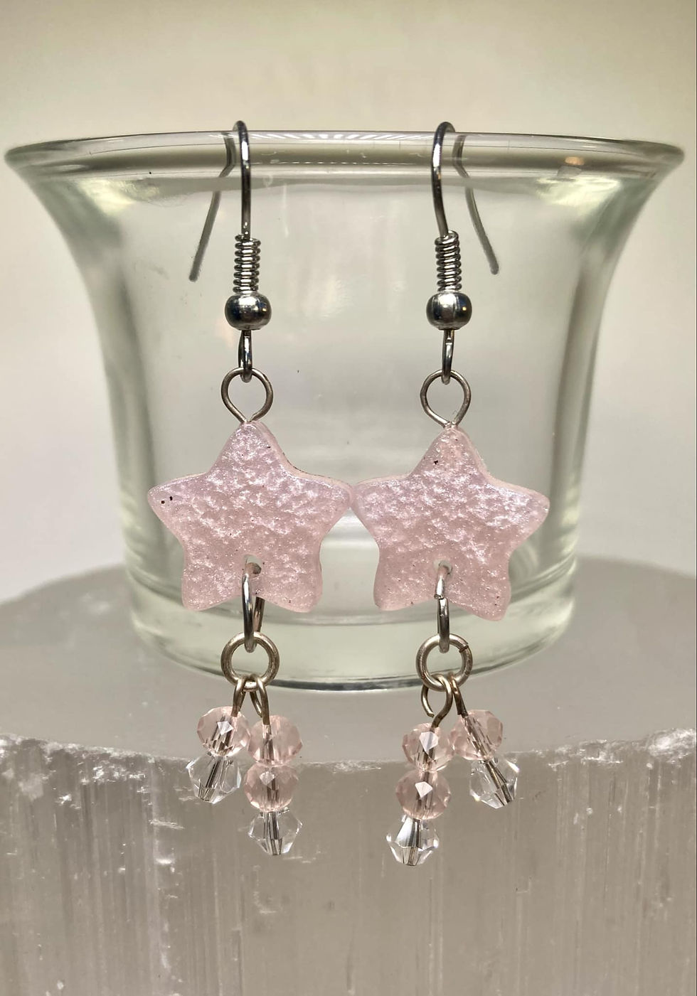 Thumbnail: Handmade Pink Resin Star & Glass Bead Earrings