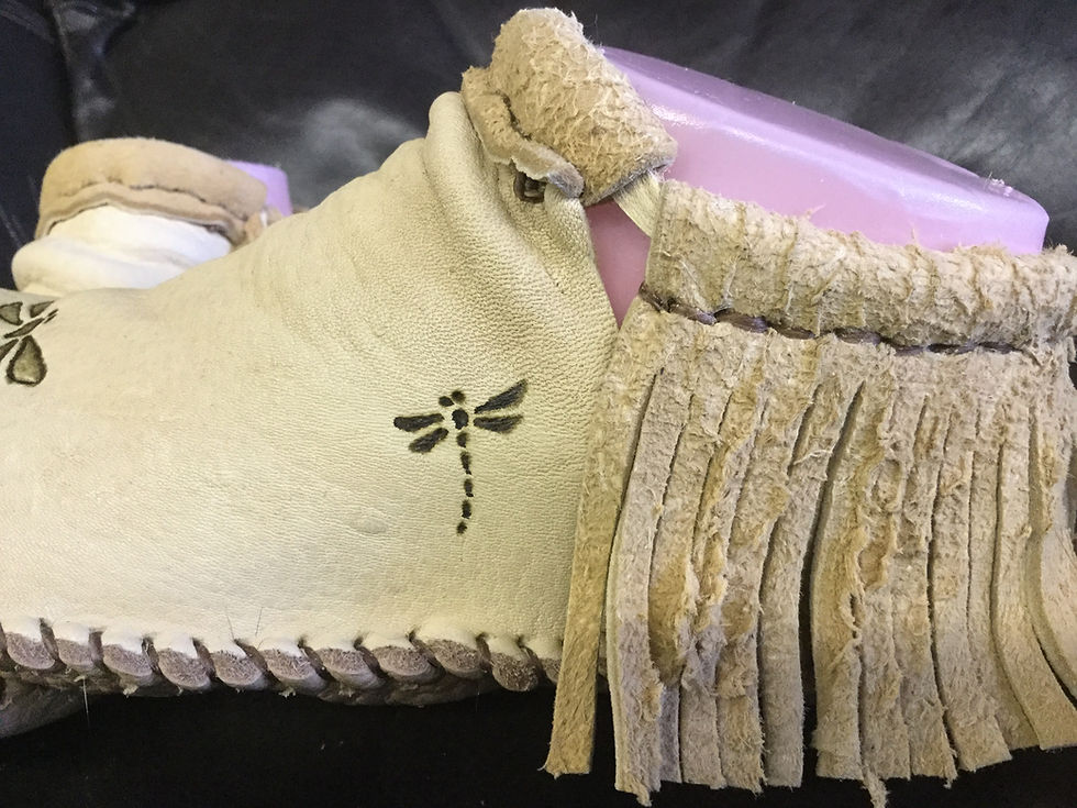 Thumbnail: Custom Hand Sewn to Order Short Fringe Moccasins with Dragonfly Design