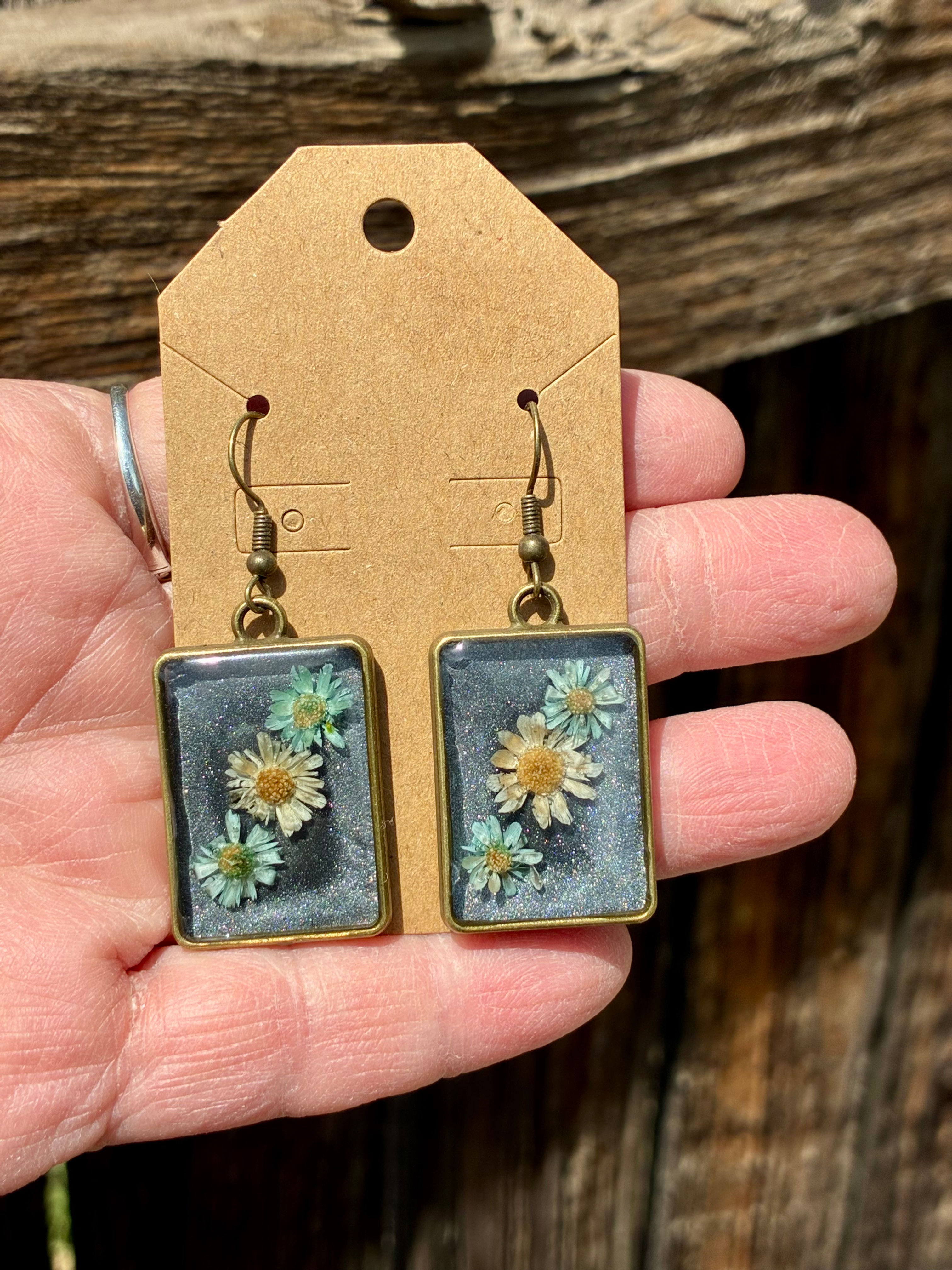 Blue Pressed Flower Resin Earrings | Handmade Botanical Rectangle Earrings