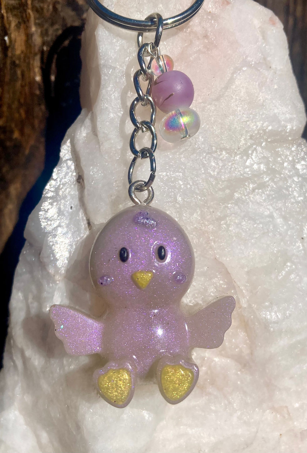 Thumbnail: Purple Chick Keychain with Glass Beads – Handmade Resin