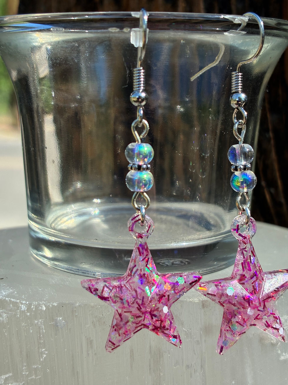 Thumbnail: Handmade Pink Glitter Star Earrings | Celestial Resin Dangle Earrings