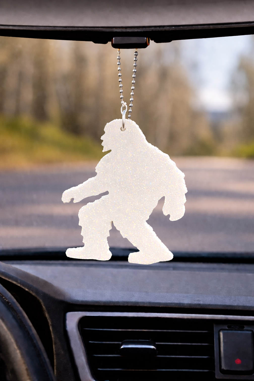 White Glitter Bigfoot Rearview Mirror Hanger – Handmade Resin Cryptid Car Charm
