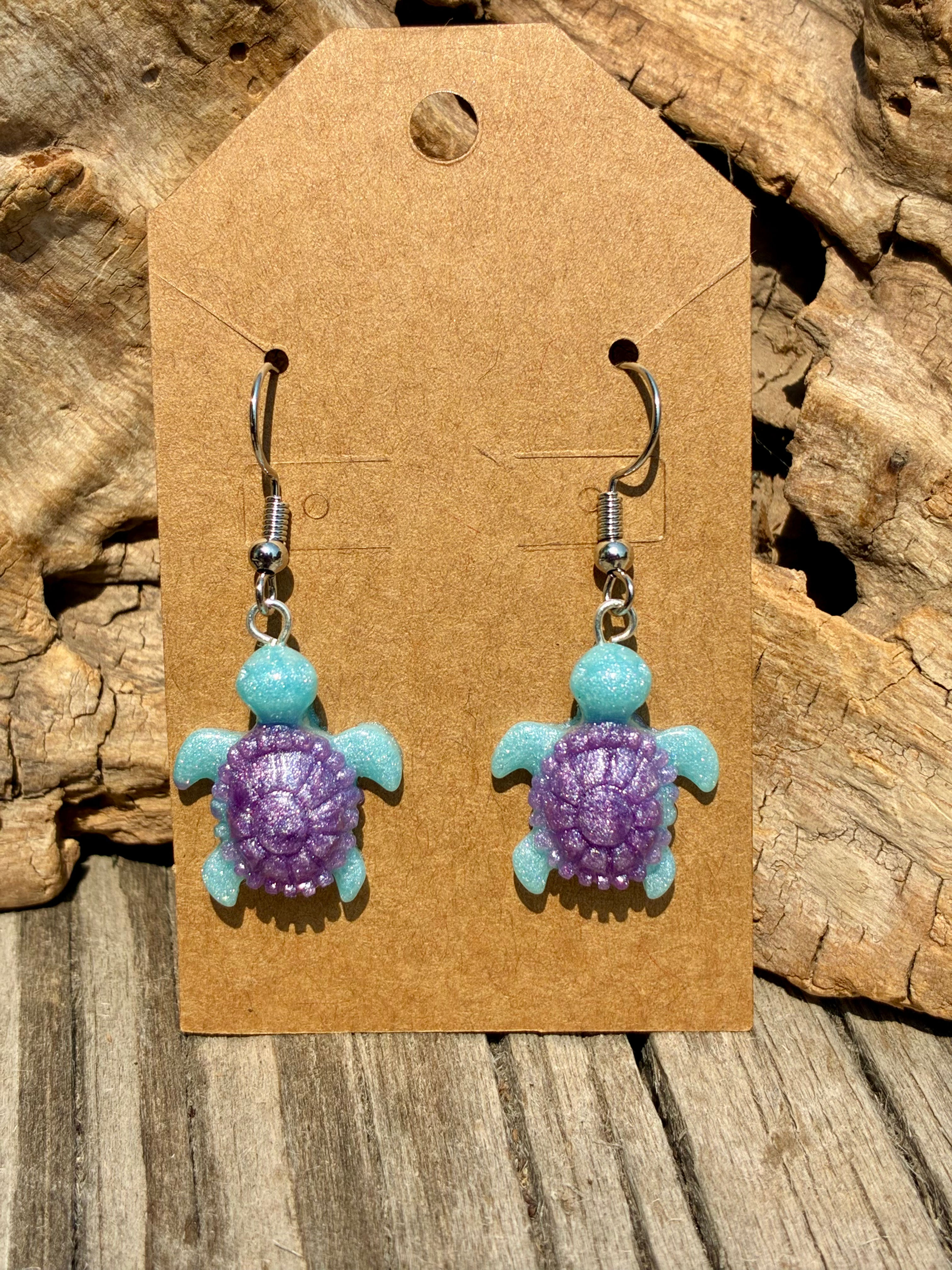 Handmade Lavender Sea Turtle Resin Earrings | Aqua Ocean Turtle Dangle Earrings 