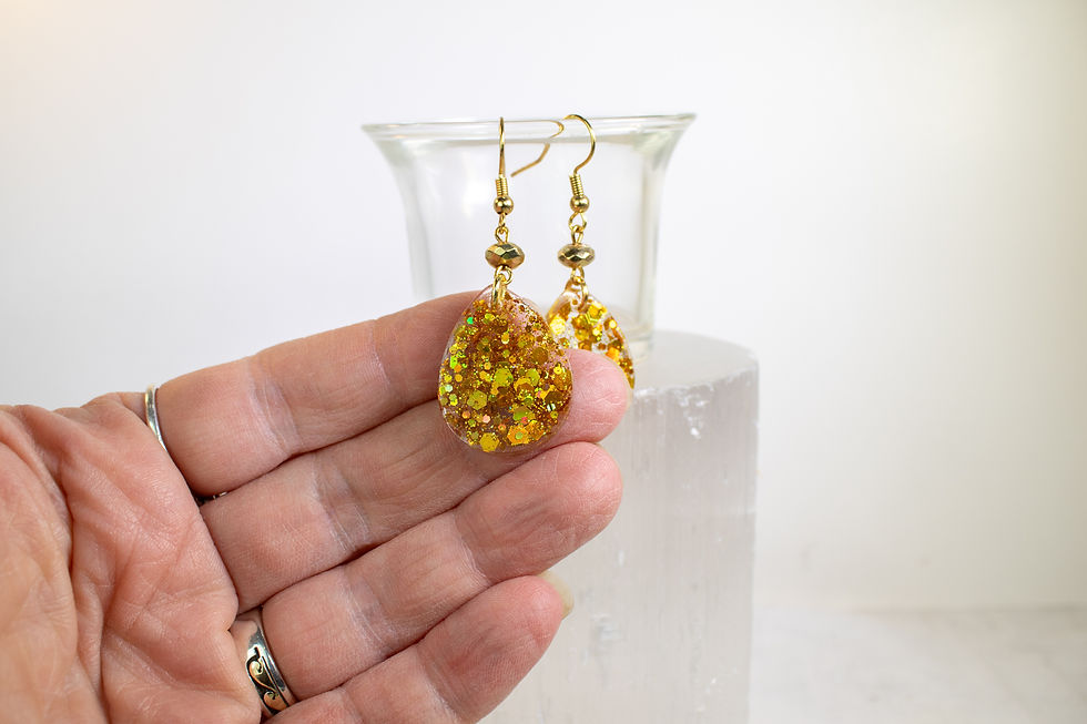 Thumbnail: Handmade Gold Glitter Resin Teardrop Dangle Earrings