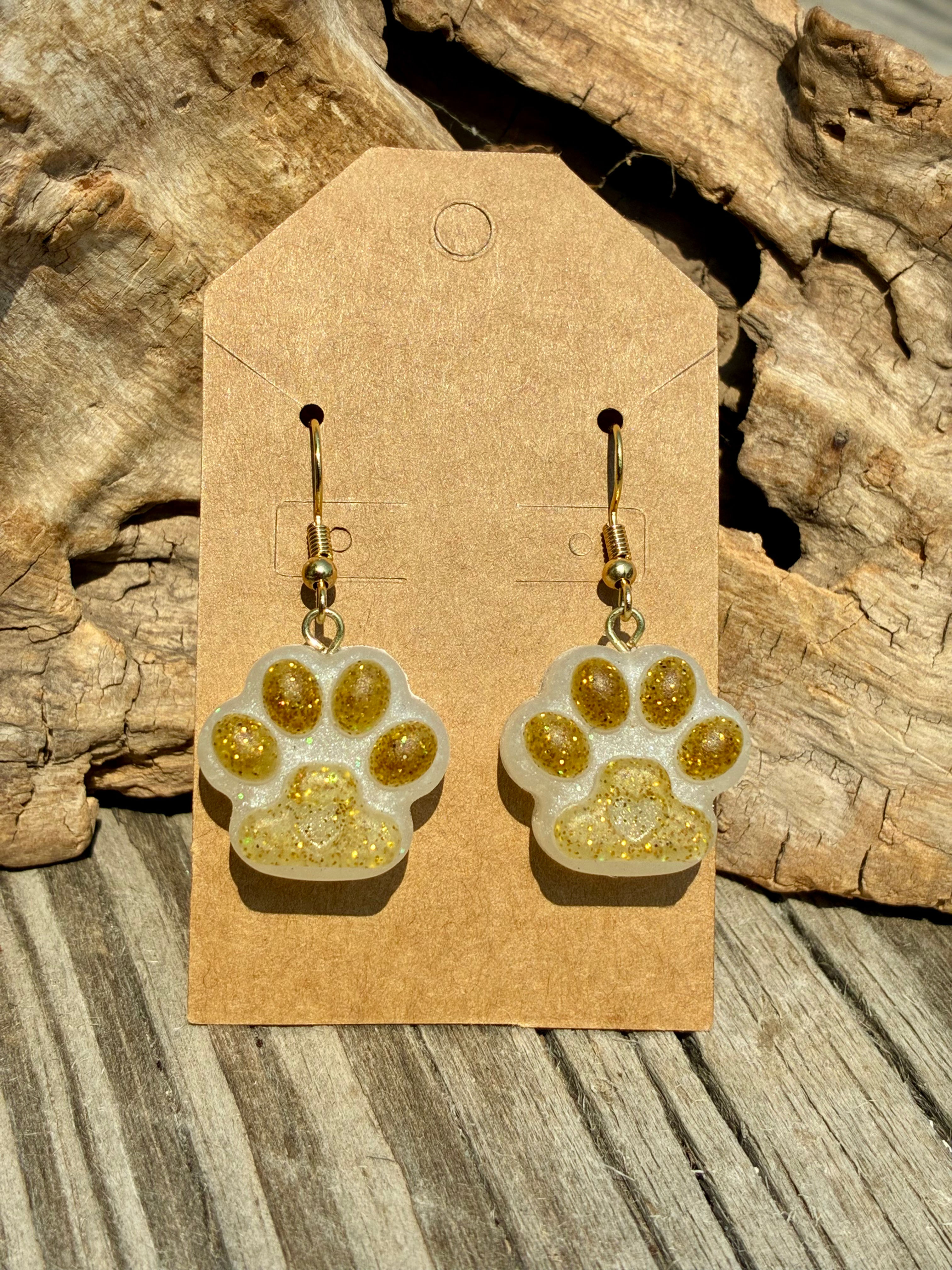Handmade White and Gold Paw Print Resin Earrings | Pet Lover Earrings 