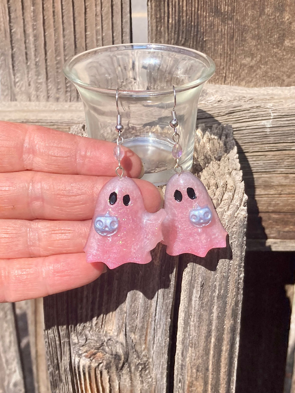 Thumbnail: Pink Glitter Ghost Earrings with Pumpkin Detail – Handmade Resin Jewelry