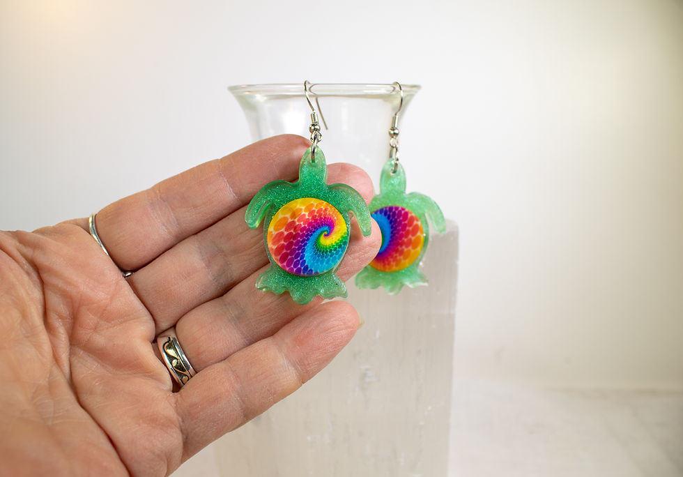 Thumbnail: Handmade Green Resin Sea Turtle Earrings with Rainbow Swirl Center