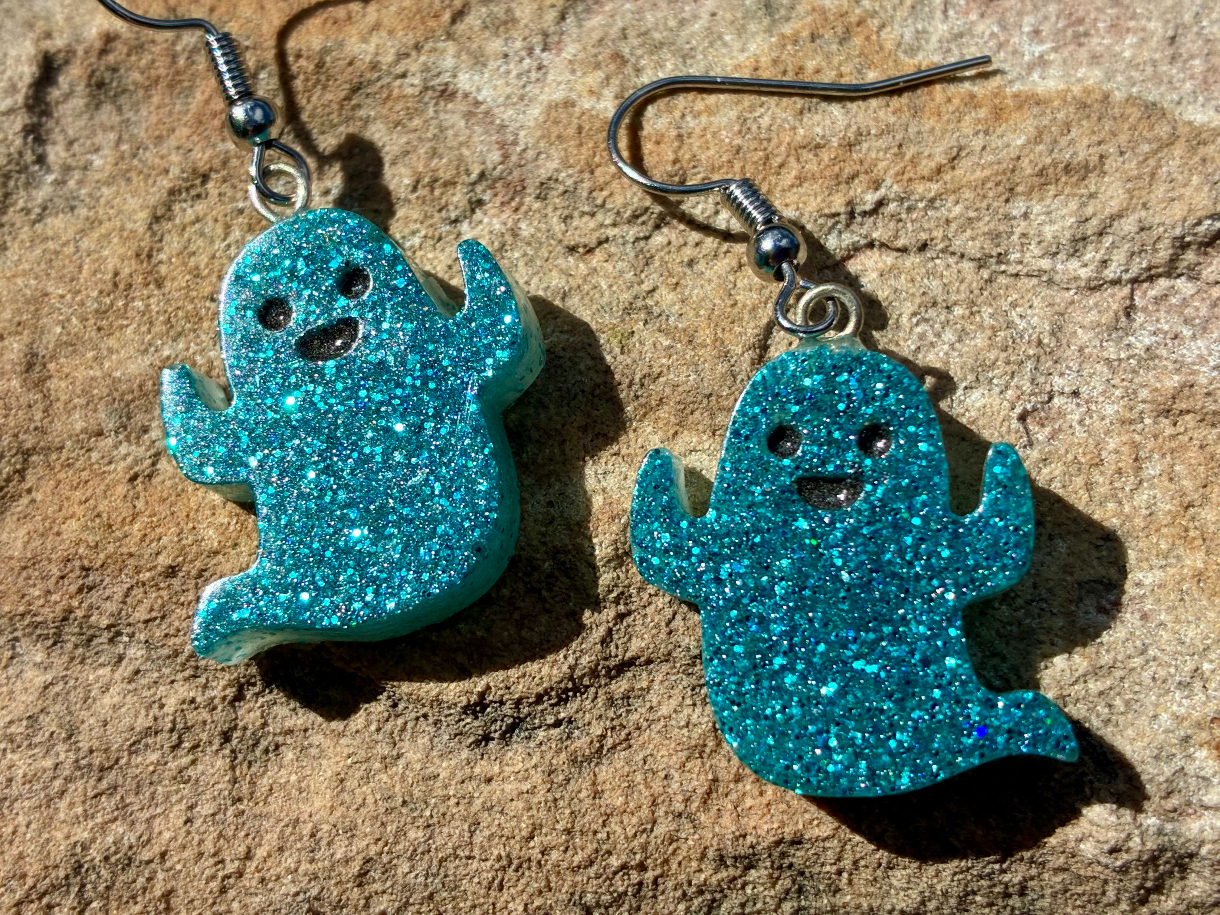 Blue Glitter Ghost Earrings – Handmade Resin Halloween Earrings