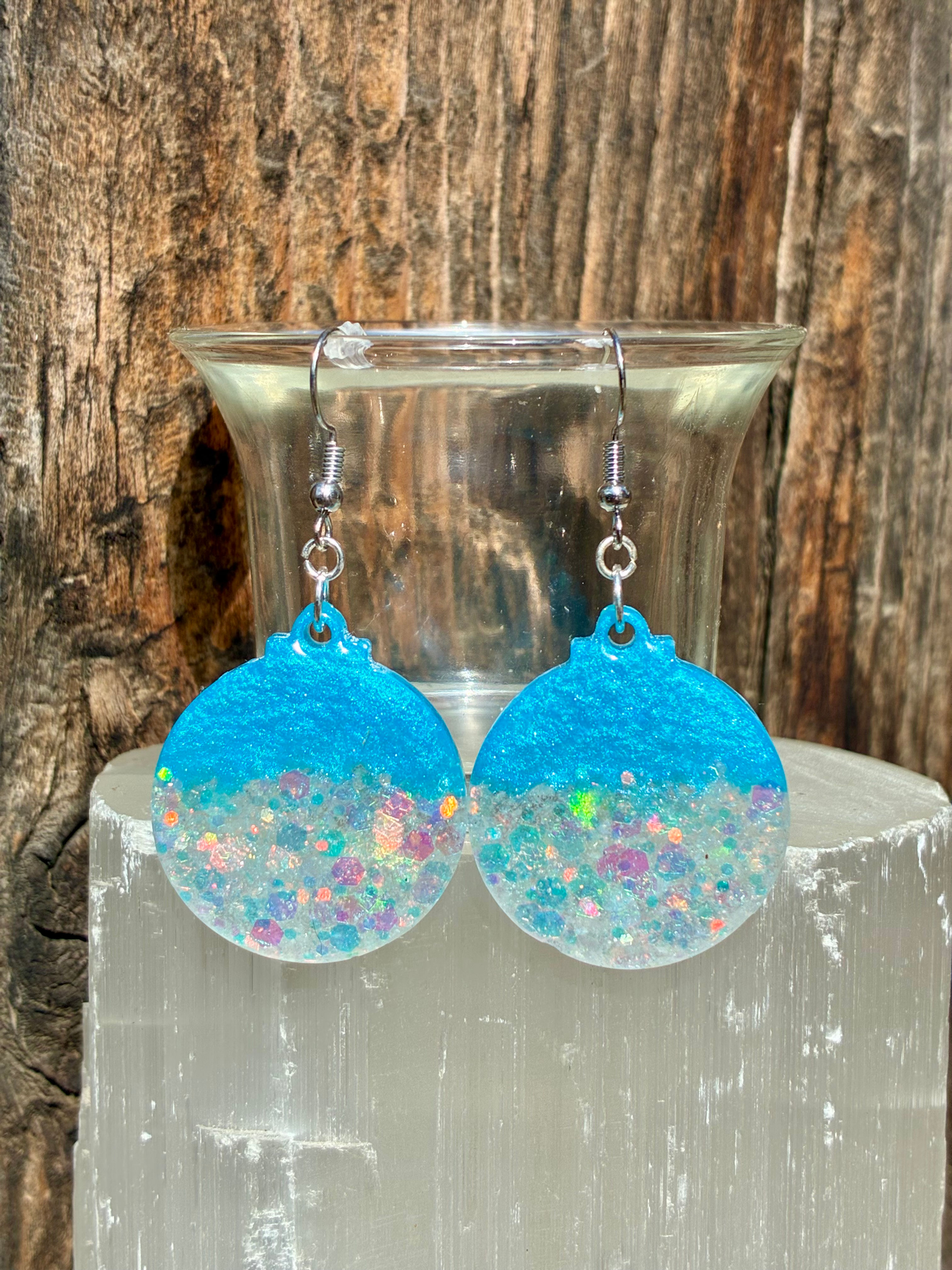 Blue Glitter Christmas Ornament Earrings – Handmade Resin Holiday Jewelry