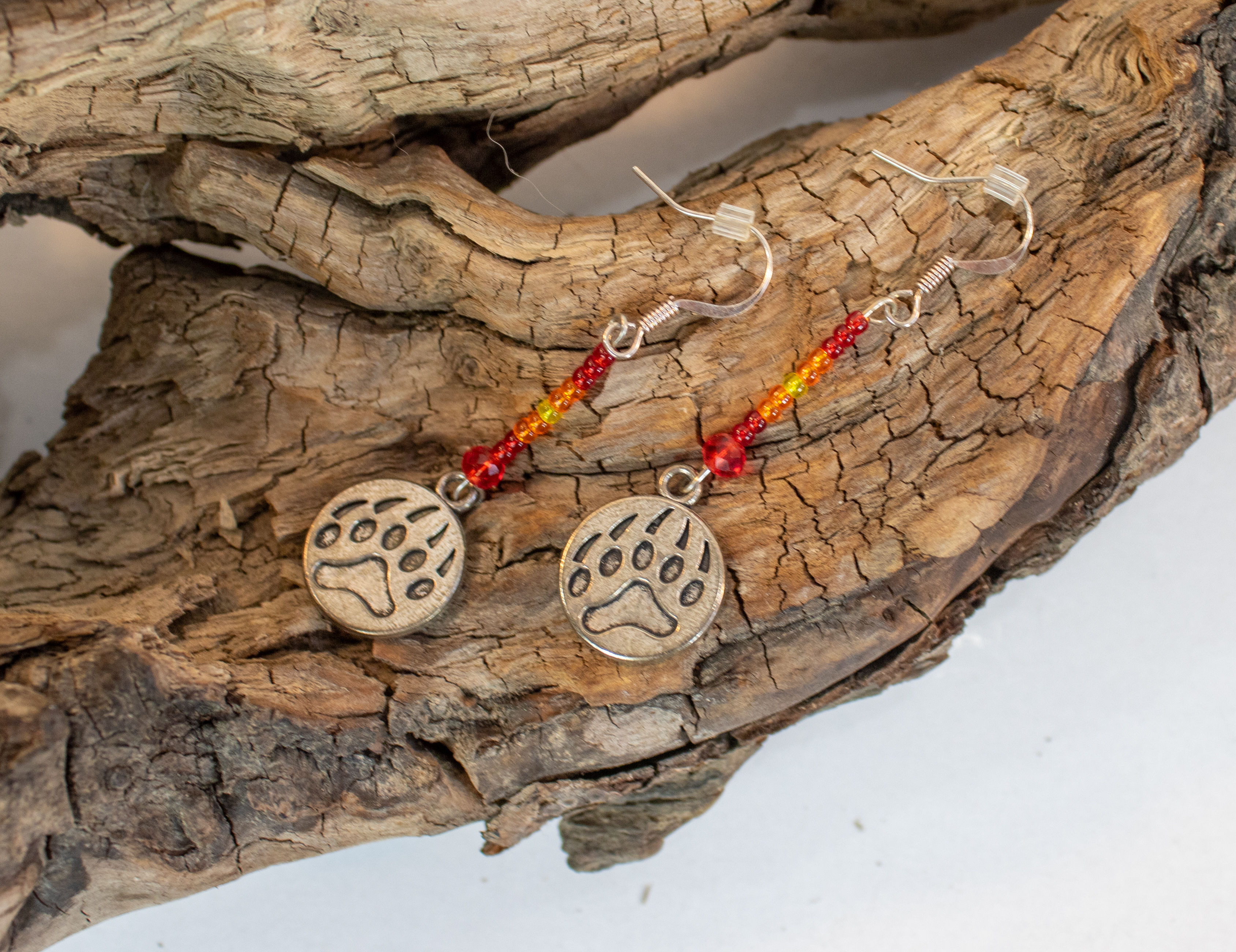 Handmade Silver Bear Paw Charm & Seed Bead Dangle Earrings