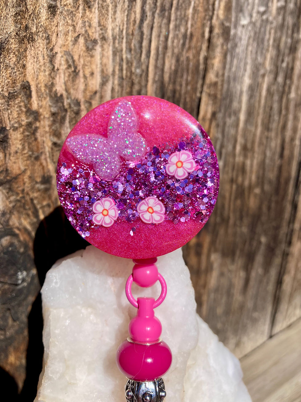 Thumbnail: ink Glitter Butterfly Badge Reel – Beaded ID Holder with Handmade Resin Charm