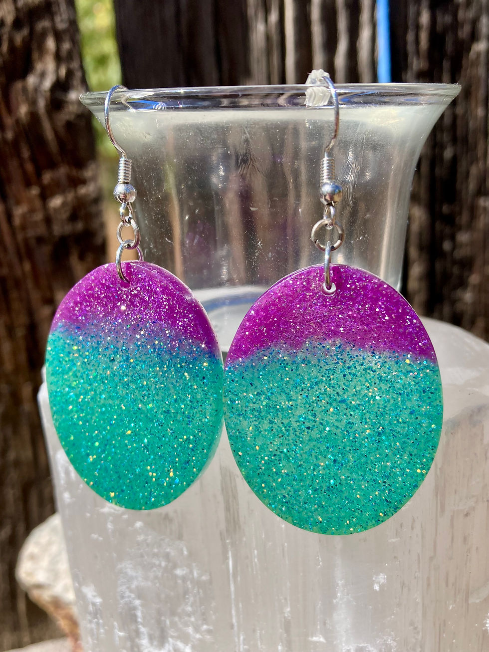 Thumbnail: Purple and Teal Glitter Oval Statement Earrings