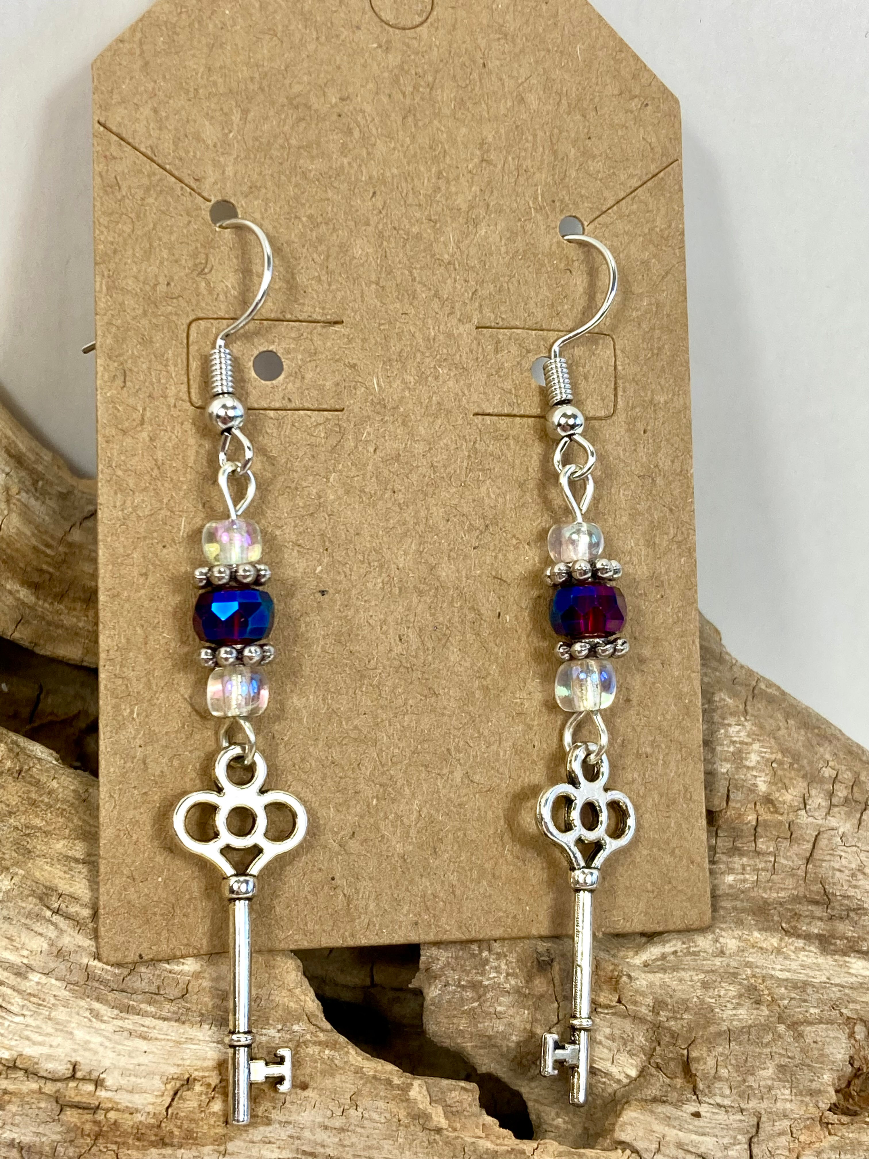 Silver Key Earrings with Iridescent & Deep Purple Glass Beads