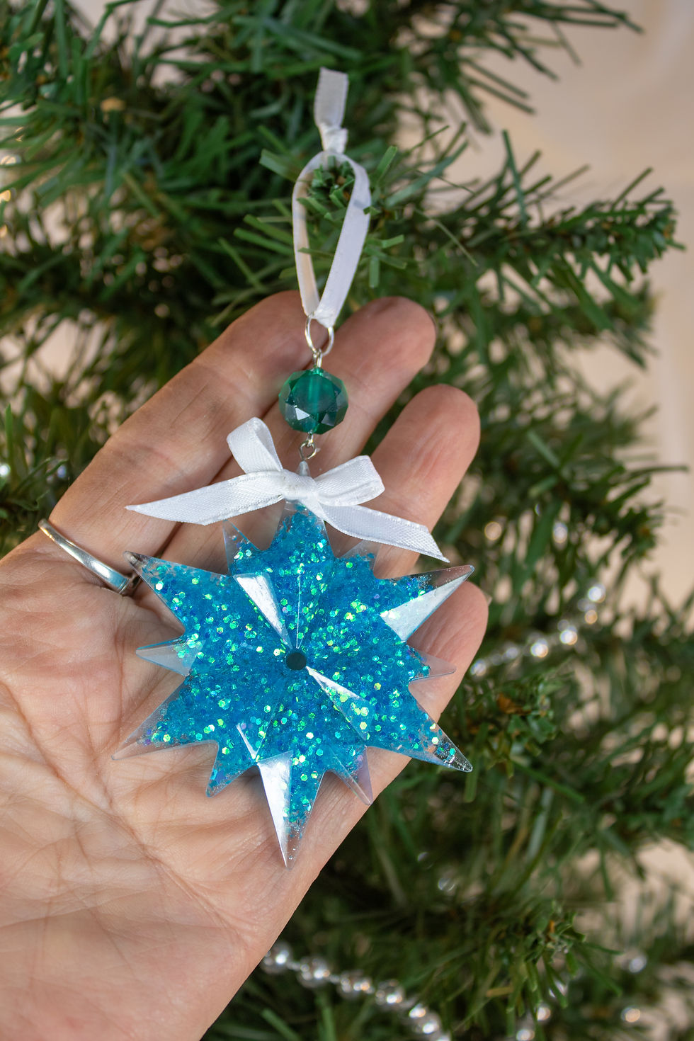 Thumbnail: Handmade Turquoise/Blue Glitter Resin Holiday Ornament
