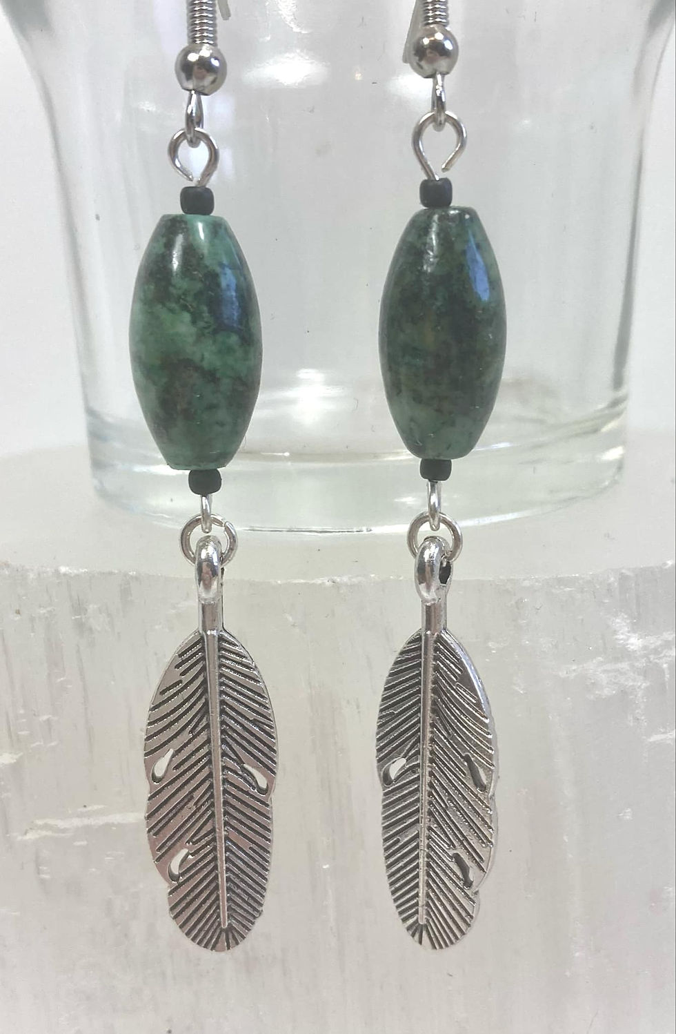 Thumbnail: African Turquoise & Silver Feather Dangle Earrings