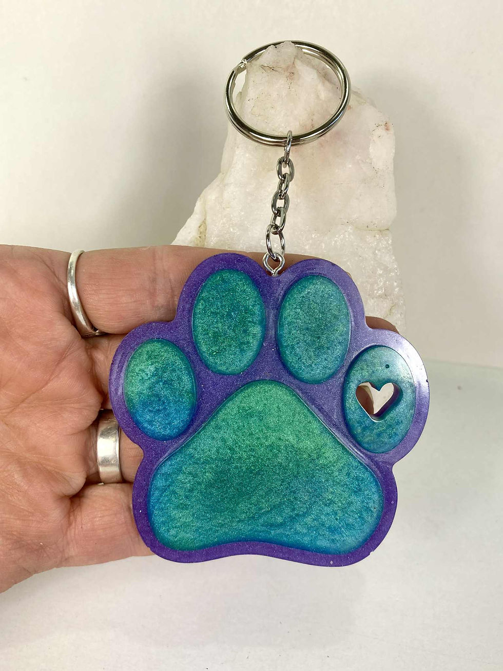 Thumbnail: Handmade Teal & Purple Paw Print Keychain – Resin Pet Lover Gift